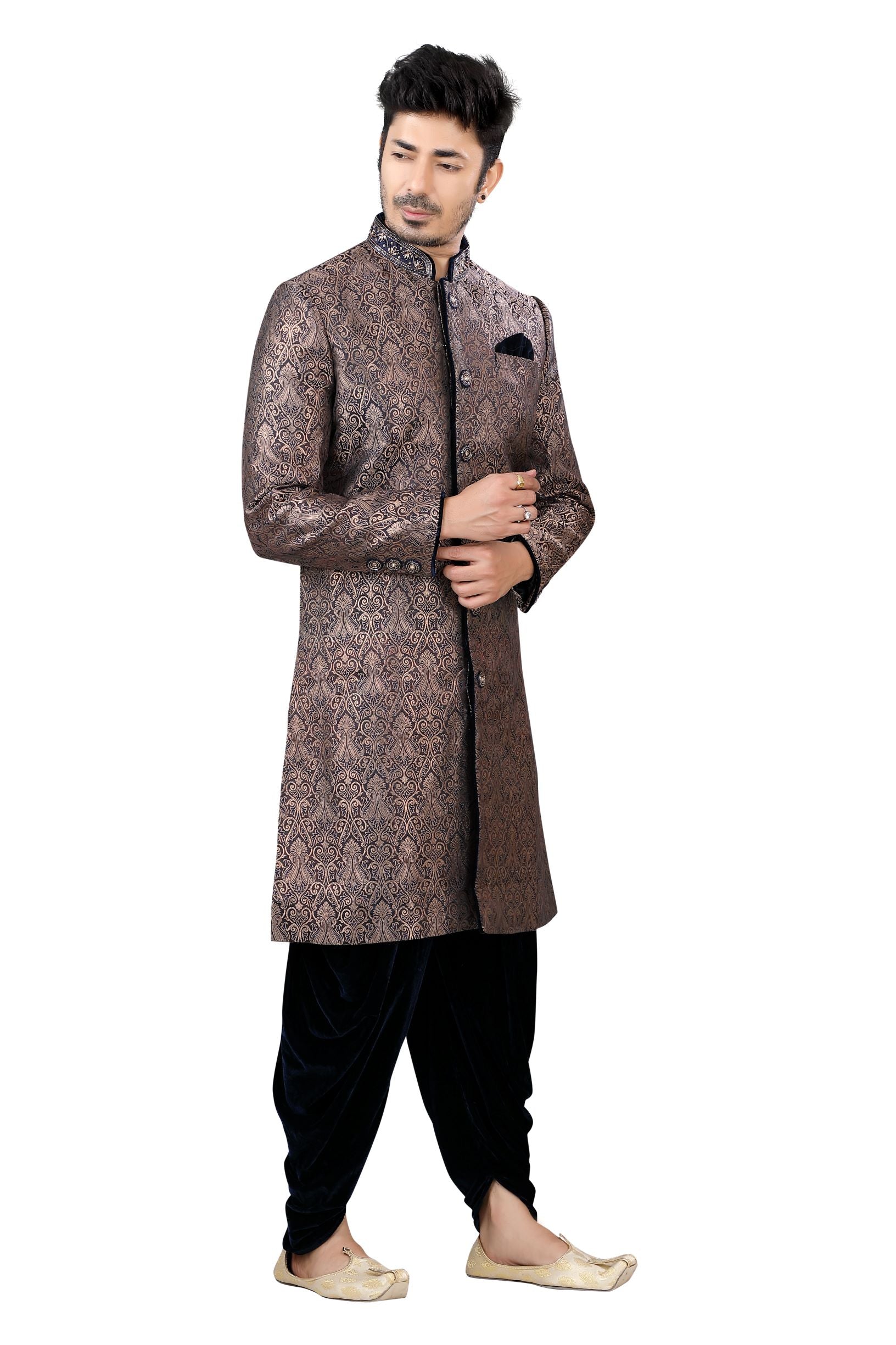 Kinkhab Navy Blue Jamevaram Sherwani D No. SK-02- Navy-S