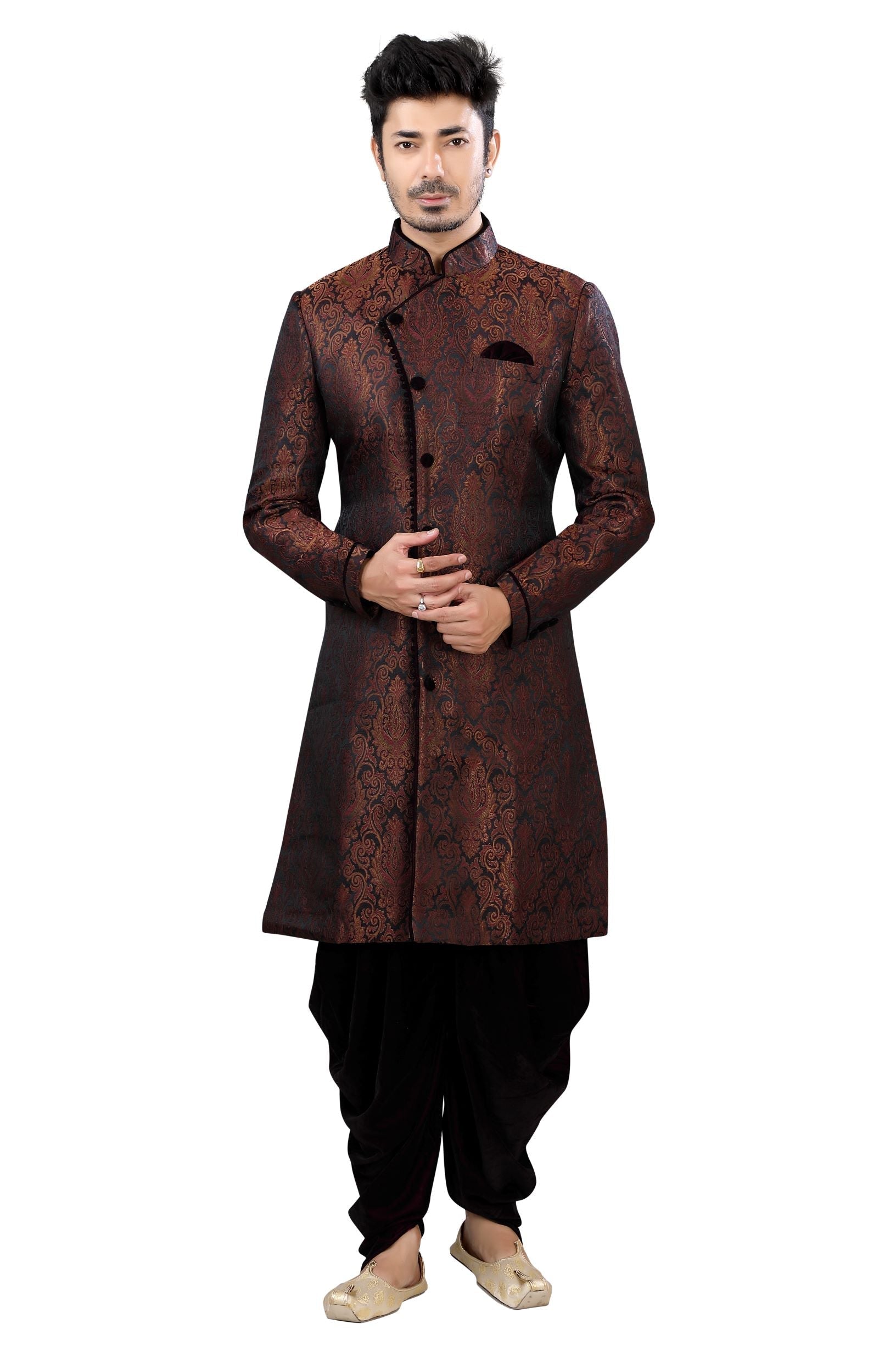 Kinkhab Burgundy Jamevaram Sherwani D No. SK-04- Burgundy-S