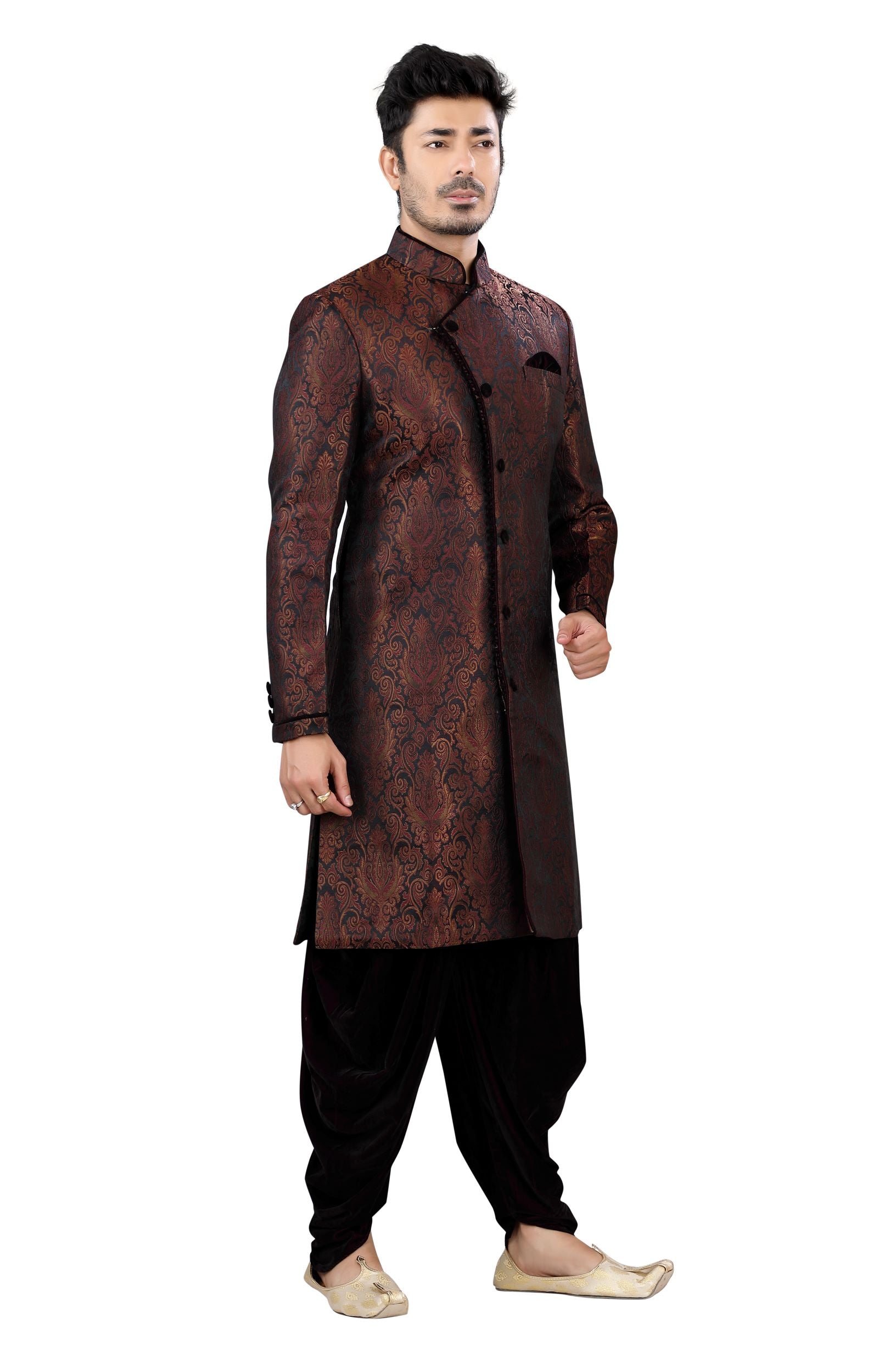 Kinkhab Burgundy Jamevaram Sherwani D No. SK-04- Burgundy-S