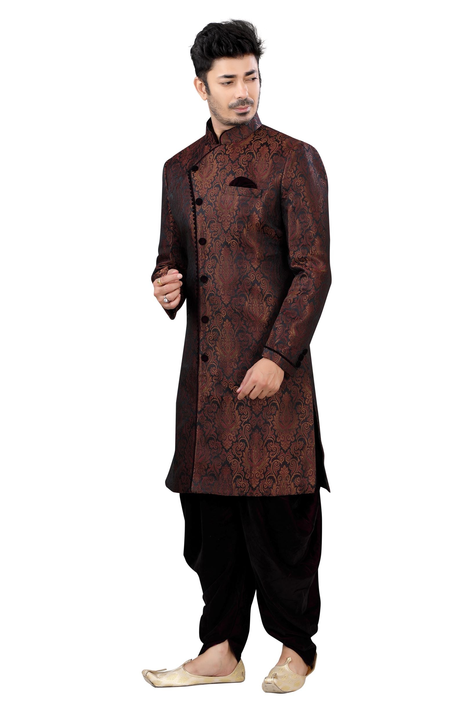 Kinkhab Burgundy Jamevaram Sherwani D No. SK-04- Burgundy-S