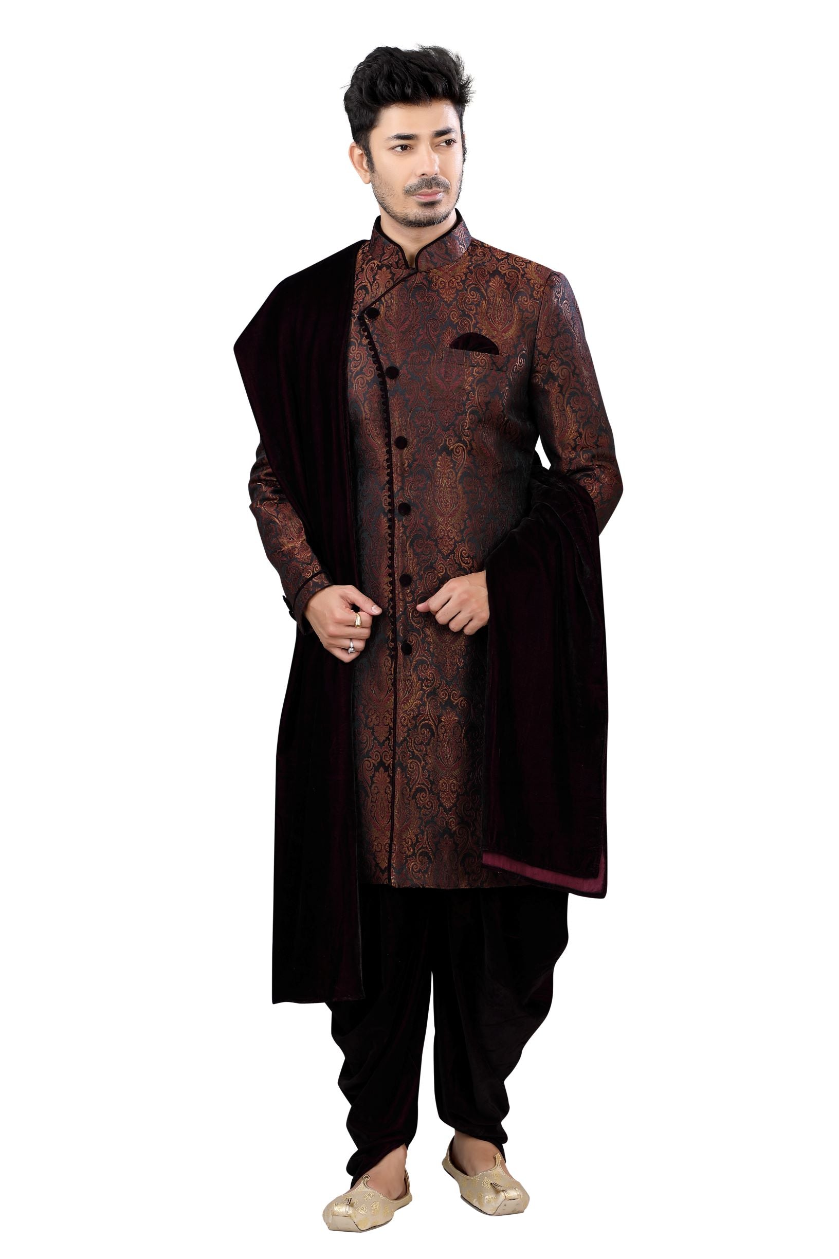 Kinkhab Burgundy Jamevaram Sherwani D No. SK-04- Burgundy-S