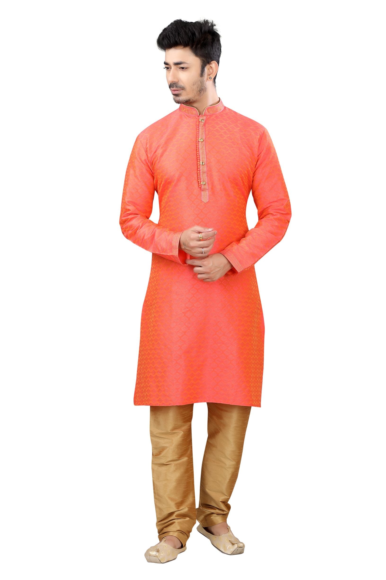 Jamevar Kurta pajama set in Coral