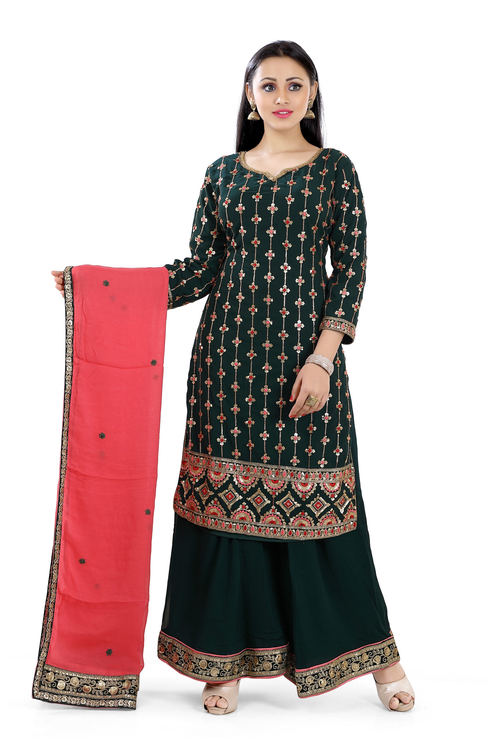 Sharara Suit in Bottle Green and coral faux Georgett