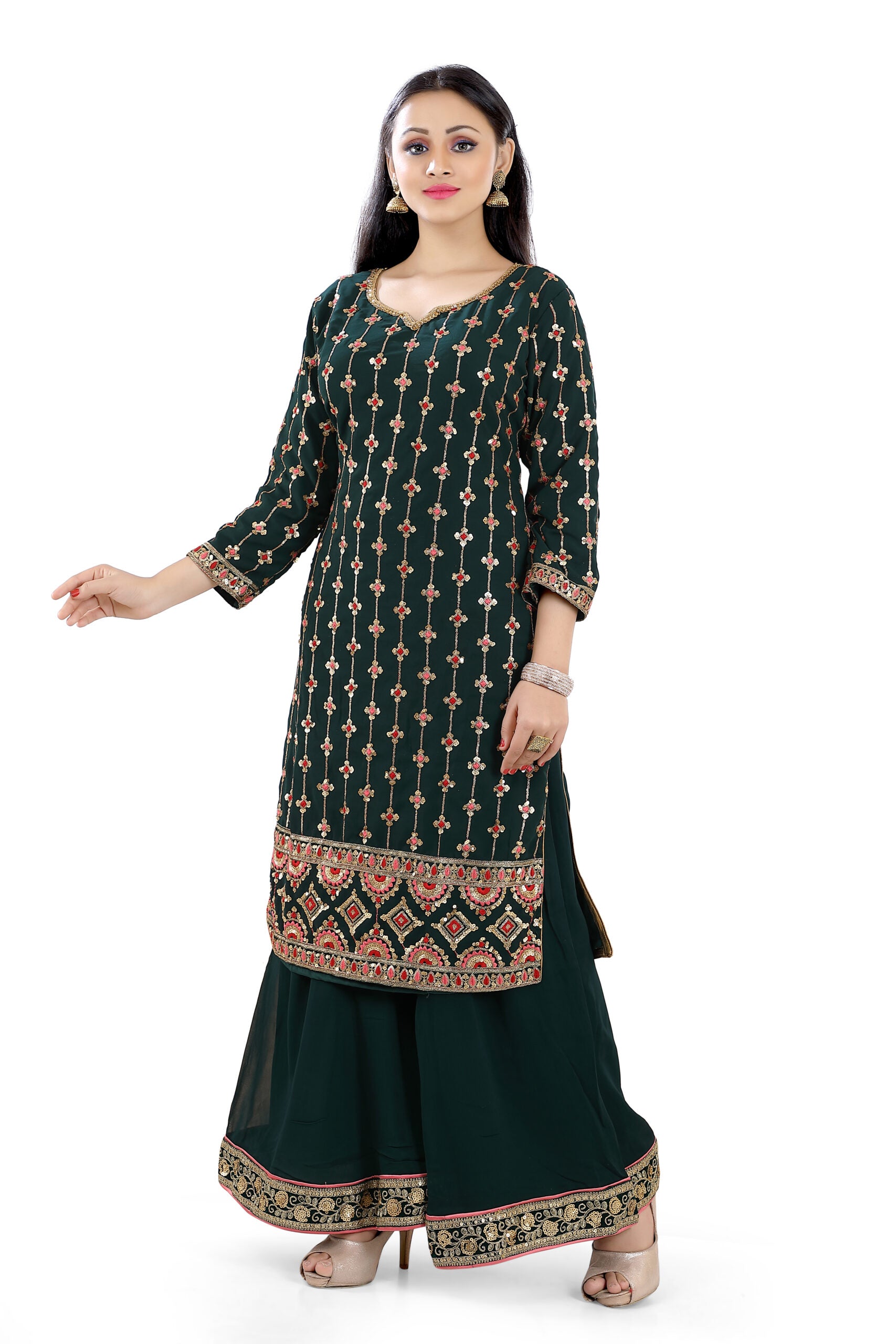 Sharara Suit in Bottle Green and coral faux Georgett