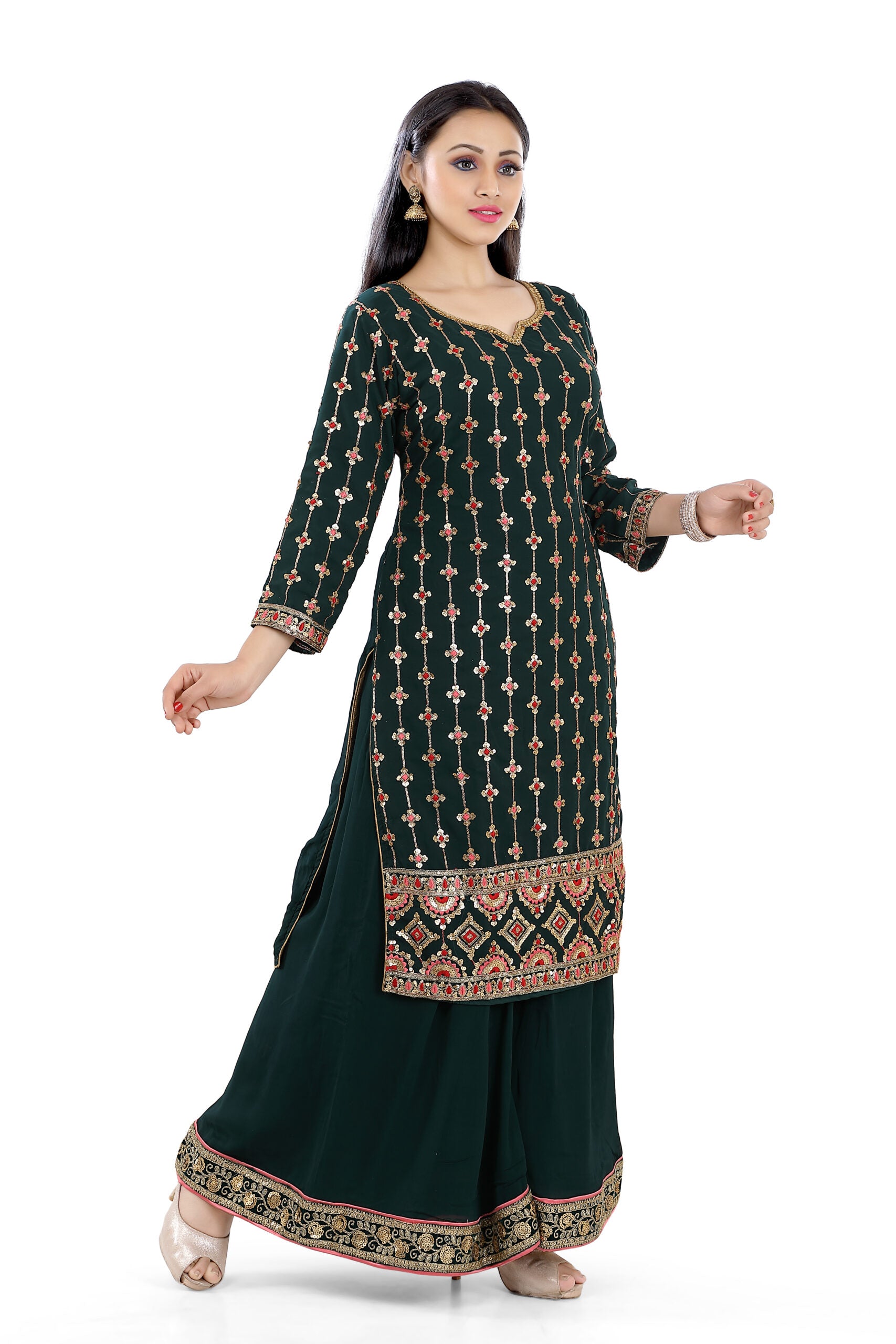 Sharara Suit in Bottle Green and coral faux Georgett