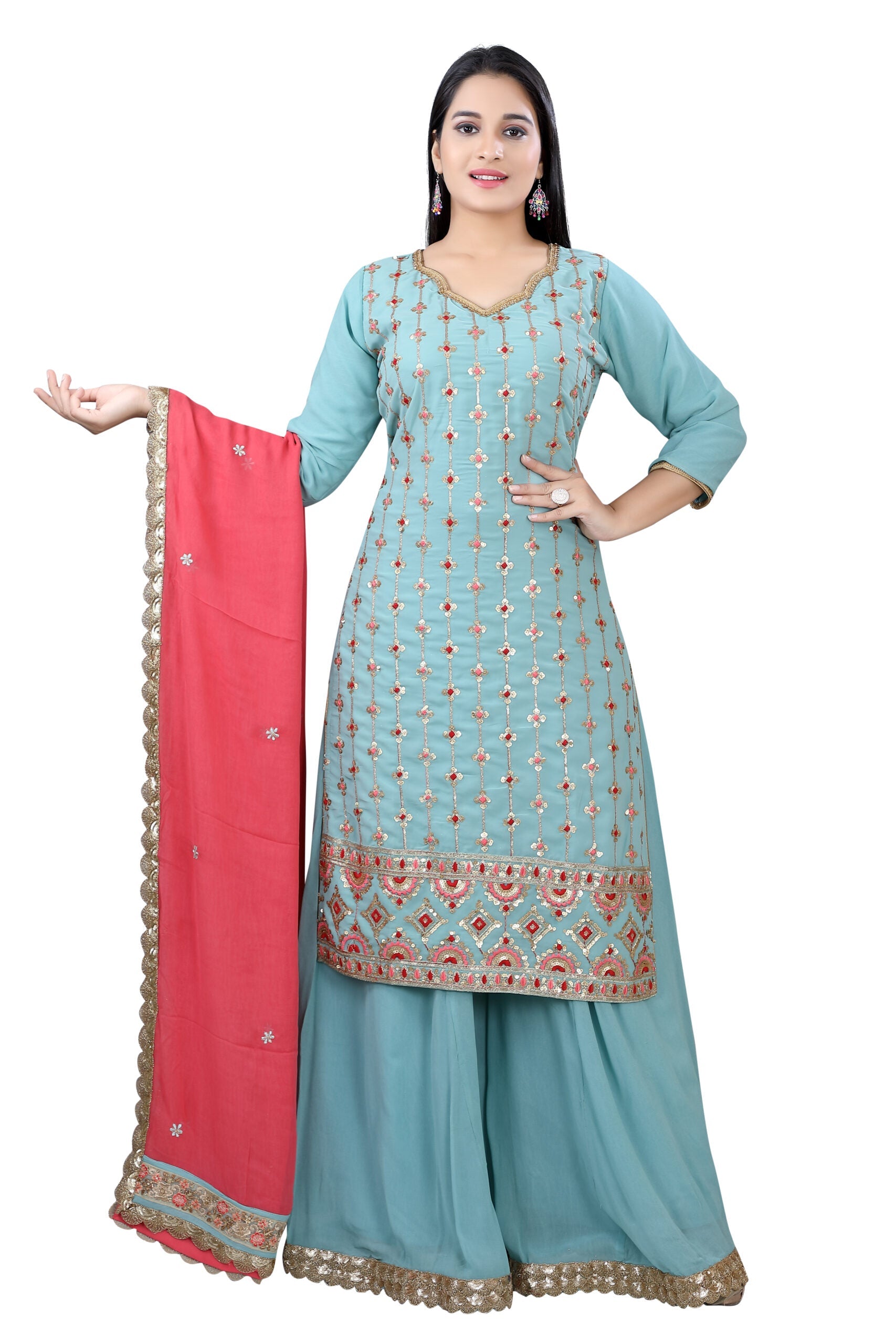 Sharara Suit in Ice Blue and coral faux Georgett