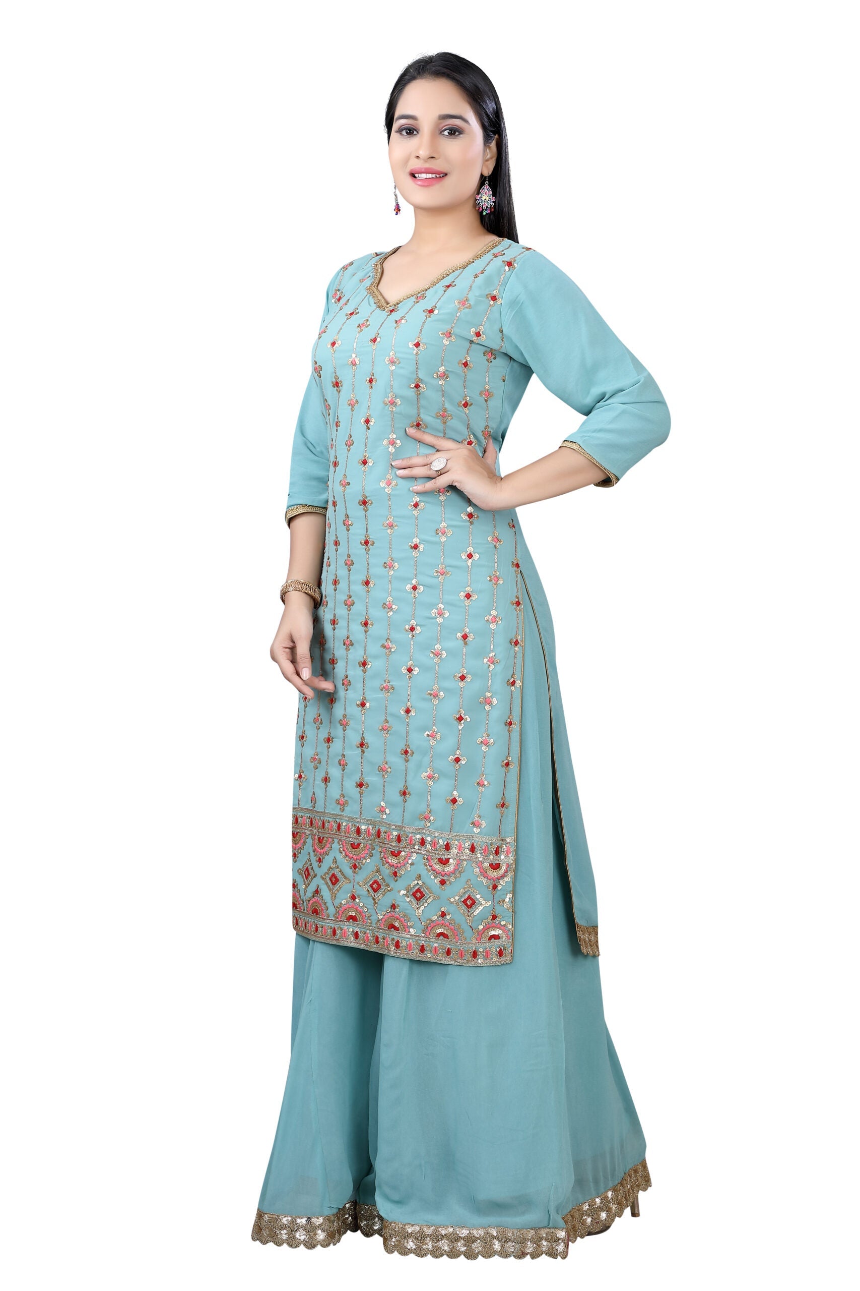 Sharara Suit in Ice Blue and coral faux Georgett