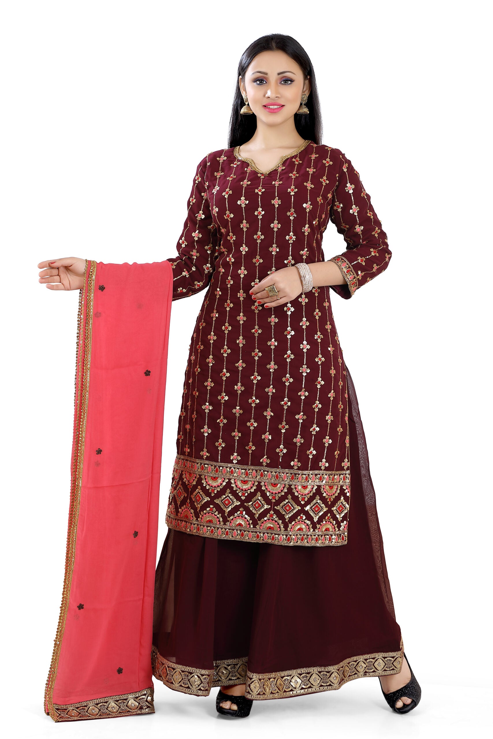 Sharara Suit in Maroon and coral faux Georgett