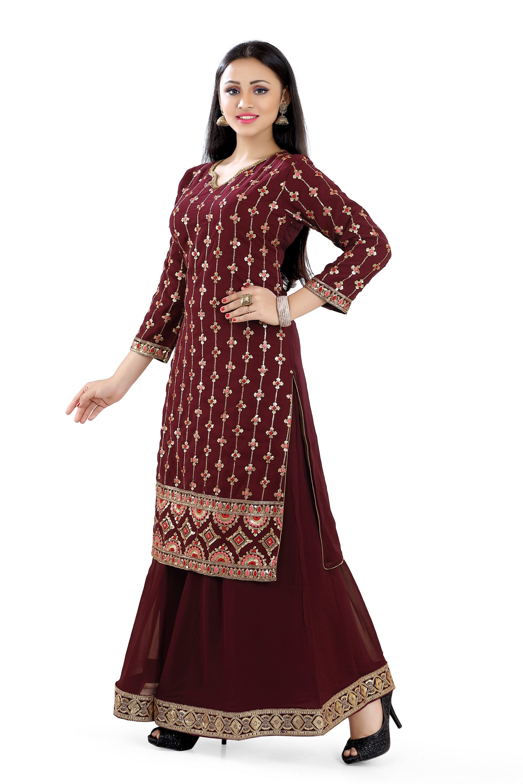 Sharara Suit in Maroon and coral faux Georgett