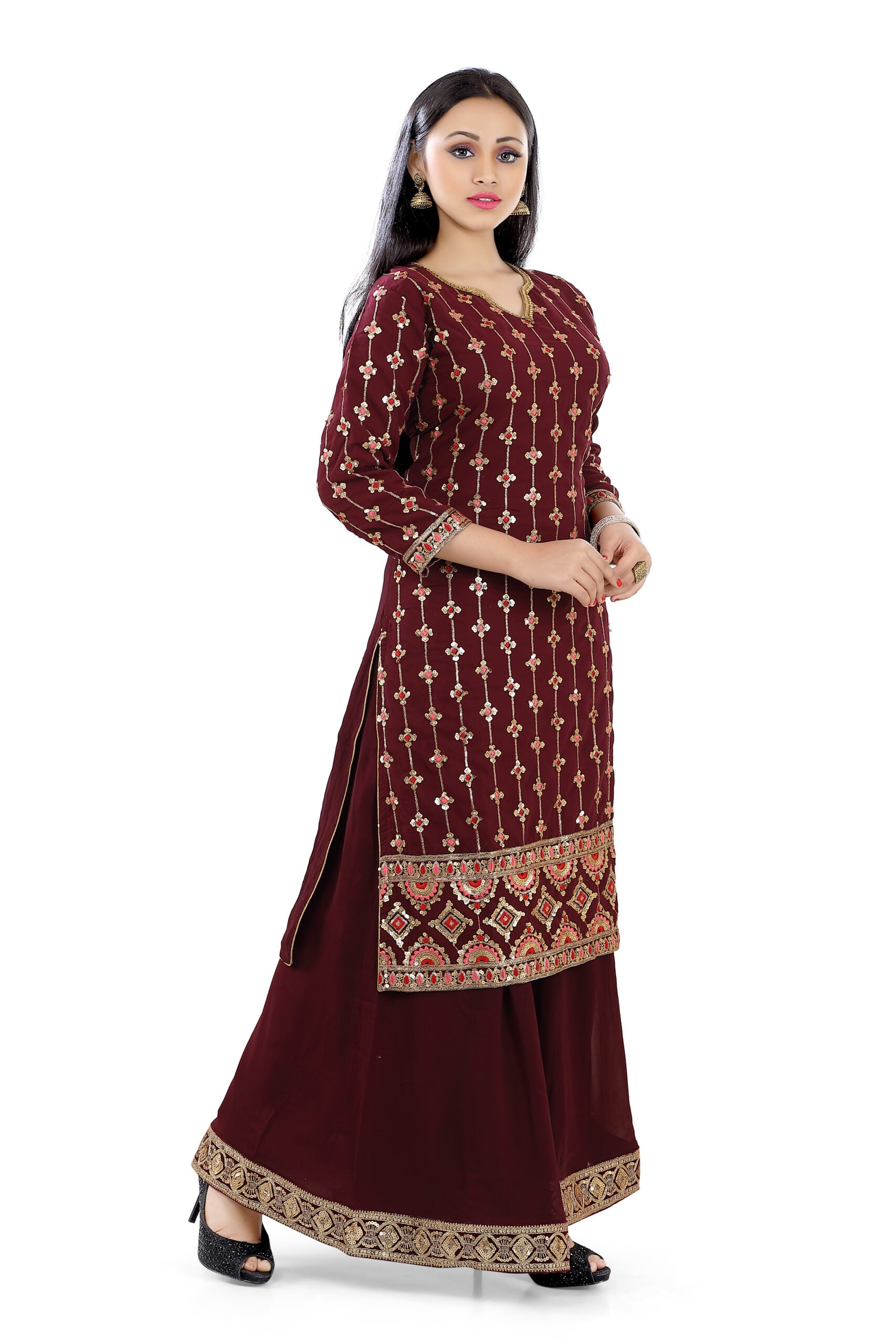 Sharara Suit in Maroon and coral faux Georgett