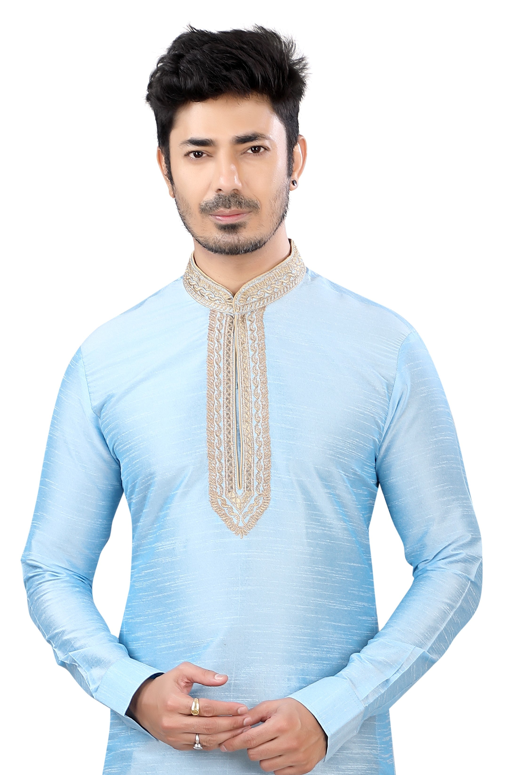Banarasi Dupion Silk Short Kurta with embroidery in Ice Blue Color