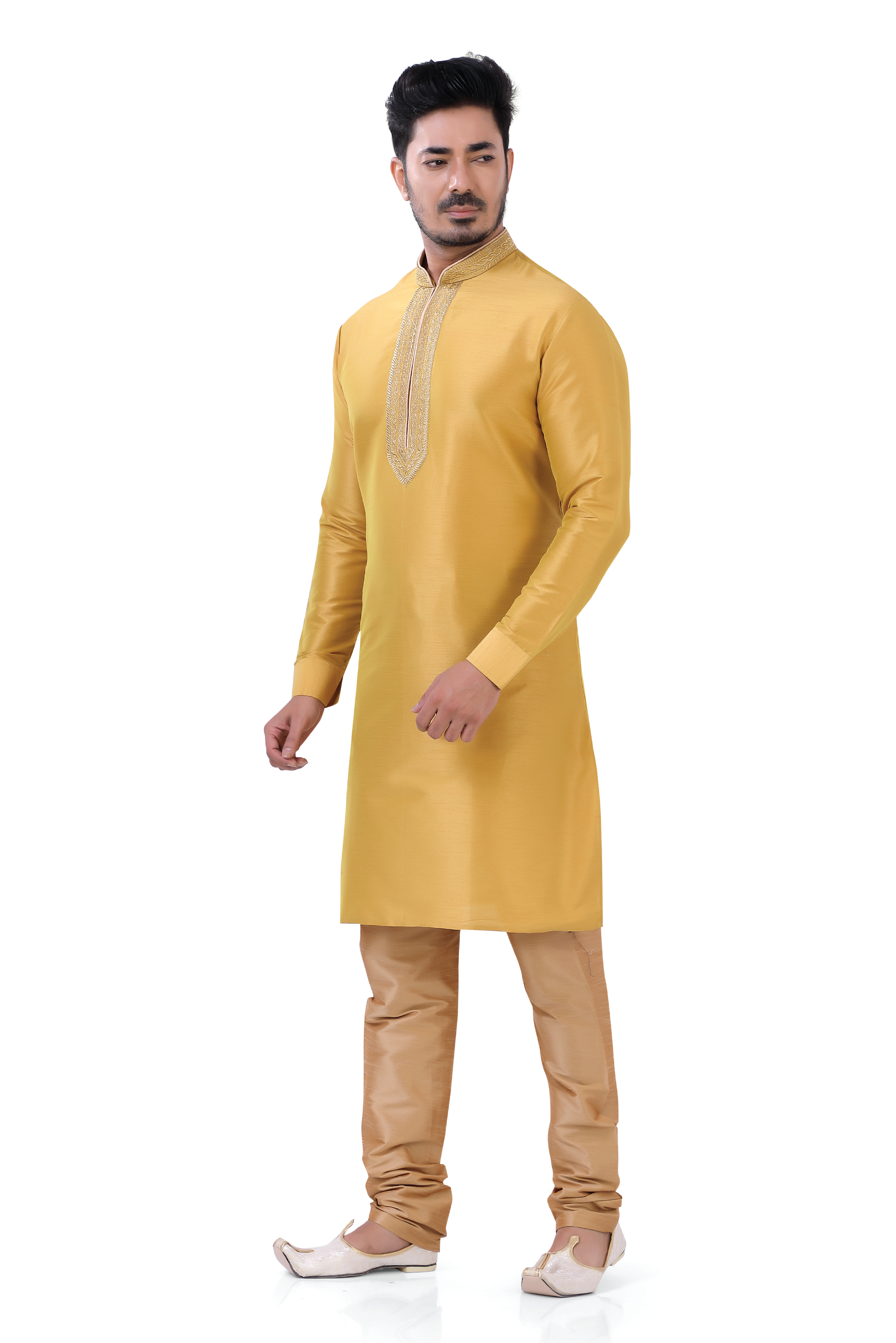 Banarasi Dupion Silk Mustard Yellow Kurta Pajama Set - Premium kurta pajama from Dapper Ethnic - Just $75! Shop now at Dulhan Exclusives