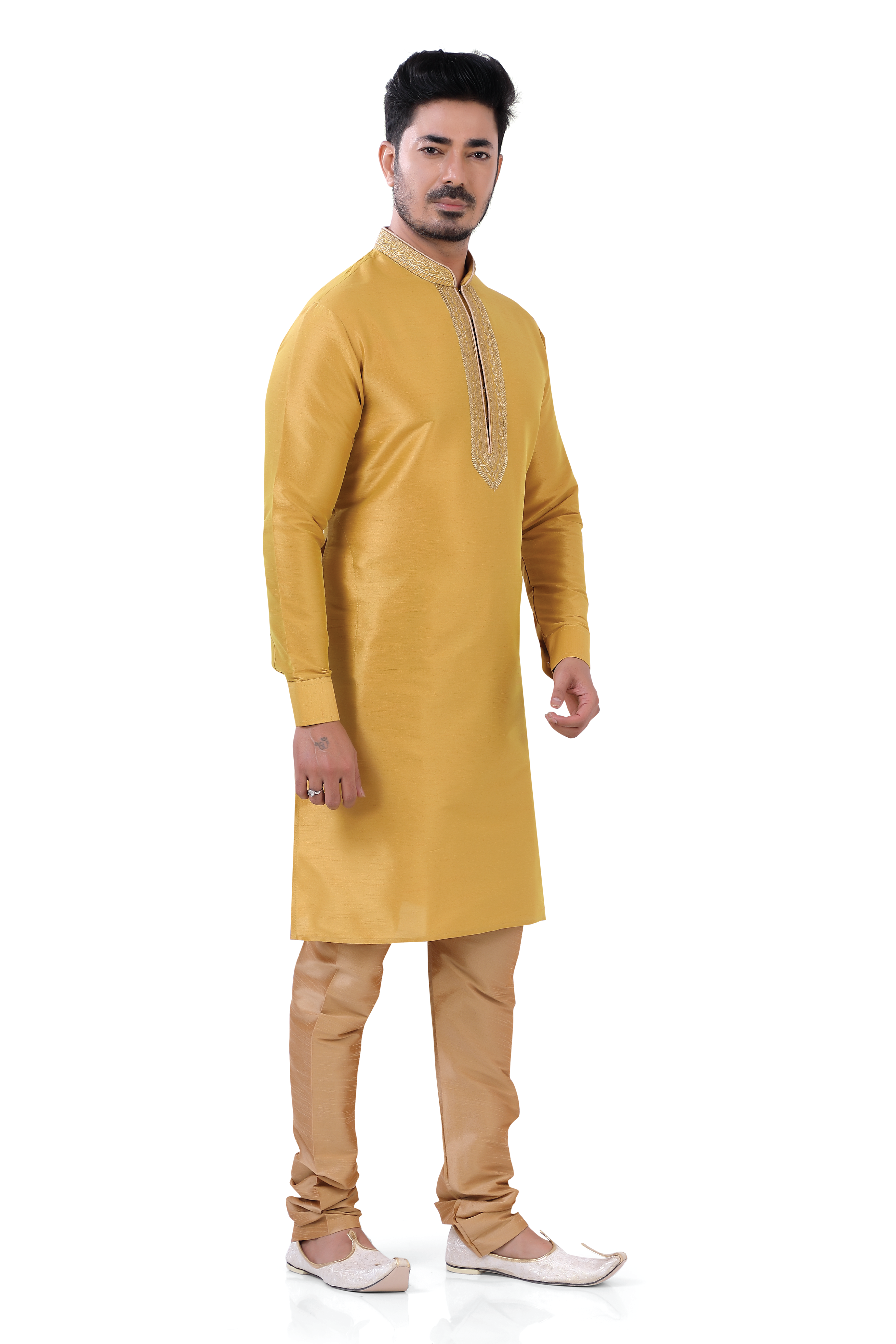 Banarasi Dupion Silk Mustard Yellow Kurta Pajama Set