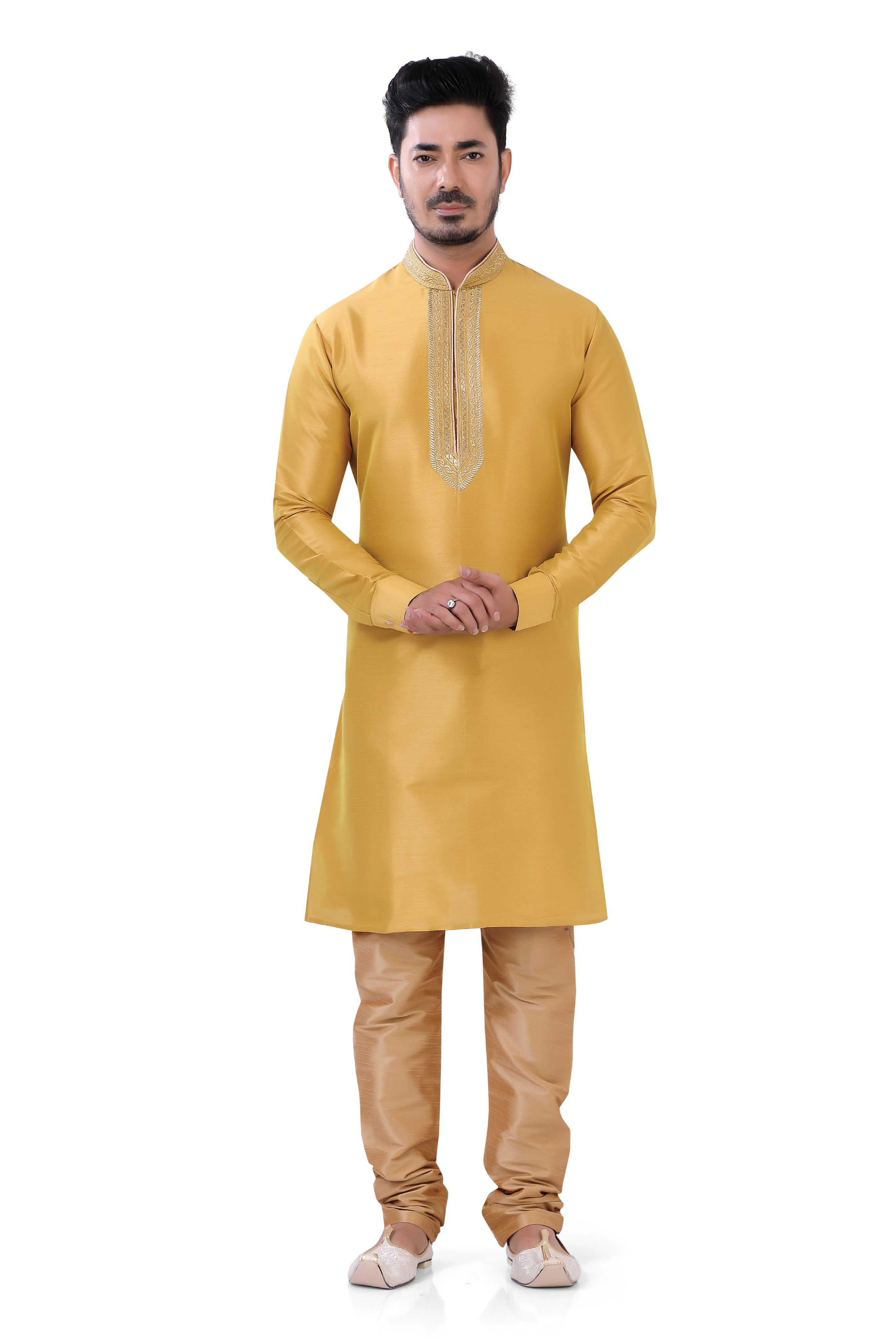 Banarasi Dupion Silk Mustard Yellow Kurta Pajama Set - Premium kurta pajama from Dapper Ethnic - Just $75! Shop now at Dulhan Exclusives