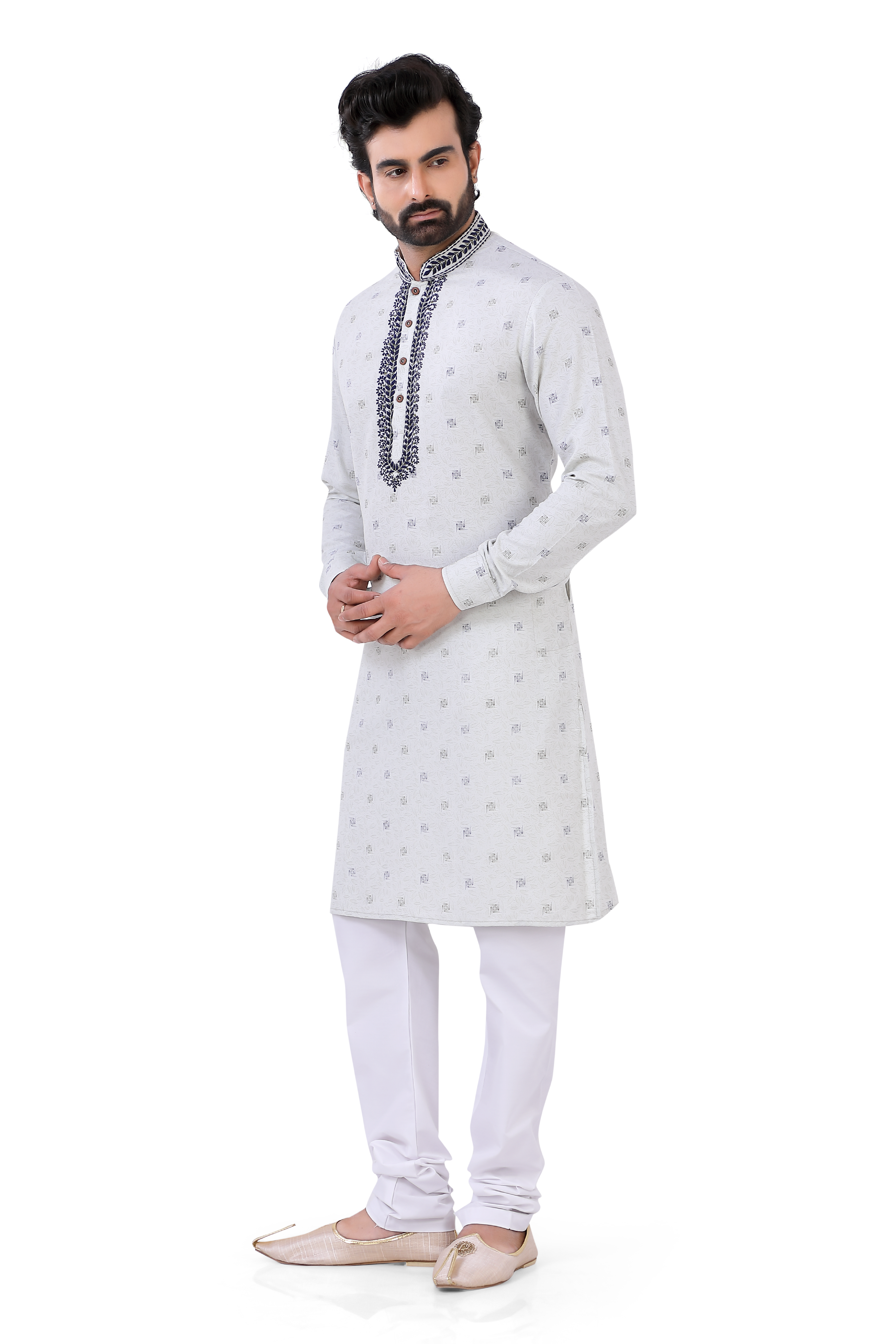 Cotton Printed Kurta and Pajama with embroidery in white