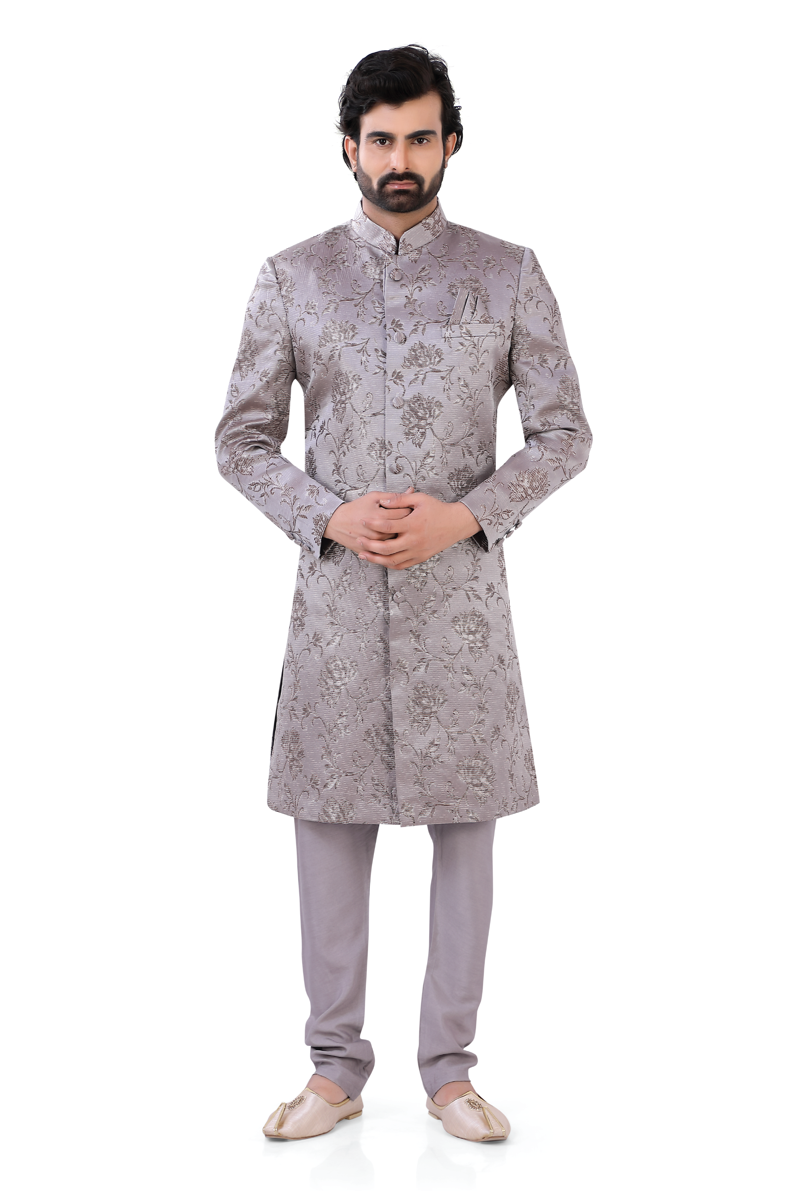 Introducing Grey Heavy Banarasi Brocade Sherwani DE 103 The Ultimate Sherwani for 2024 Dulhan Exclusives
