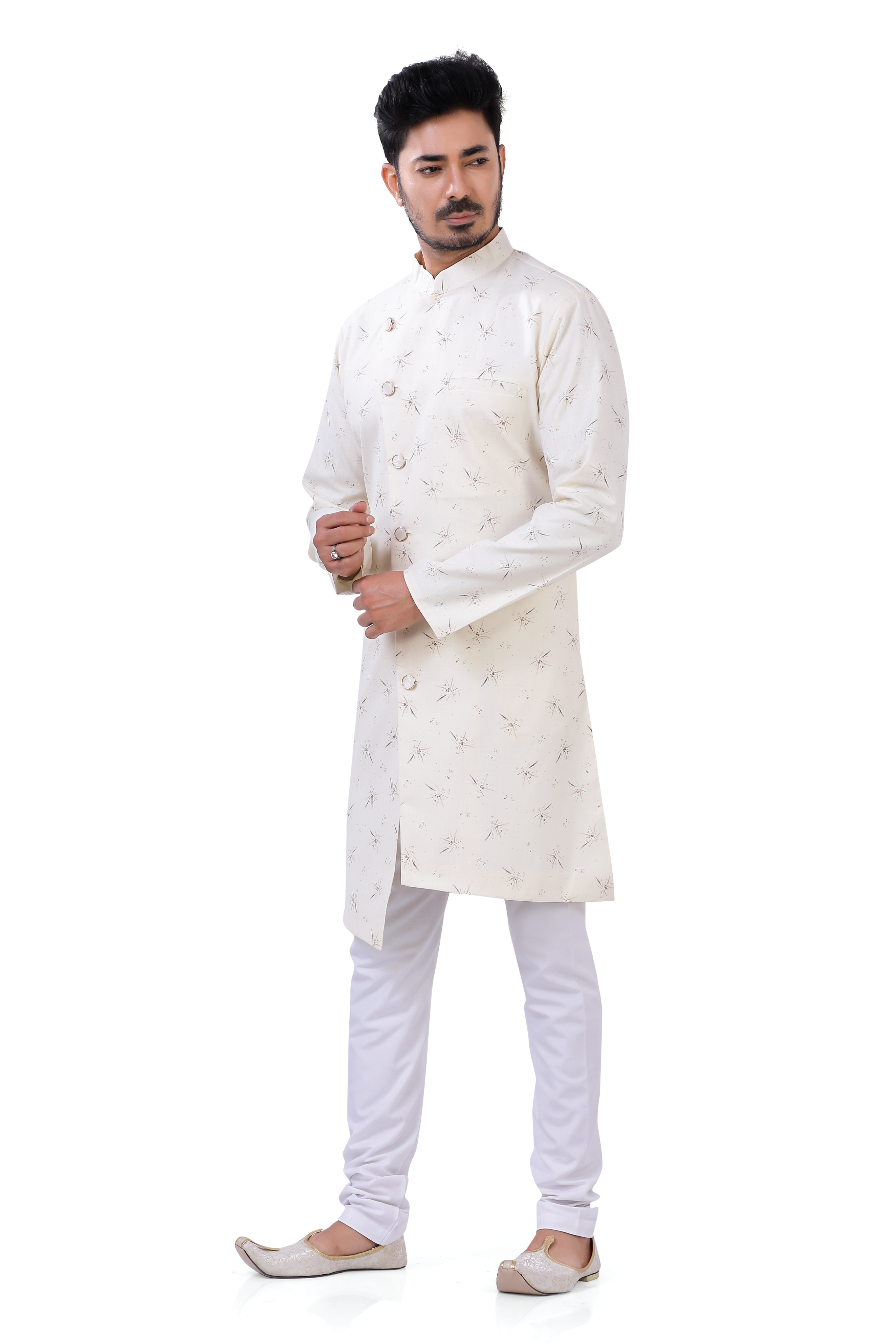 Men's Cotton Printed Cream Color Indo Western