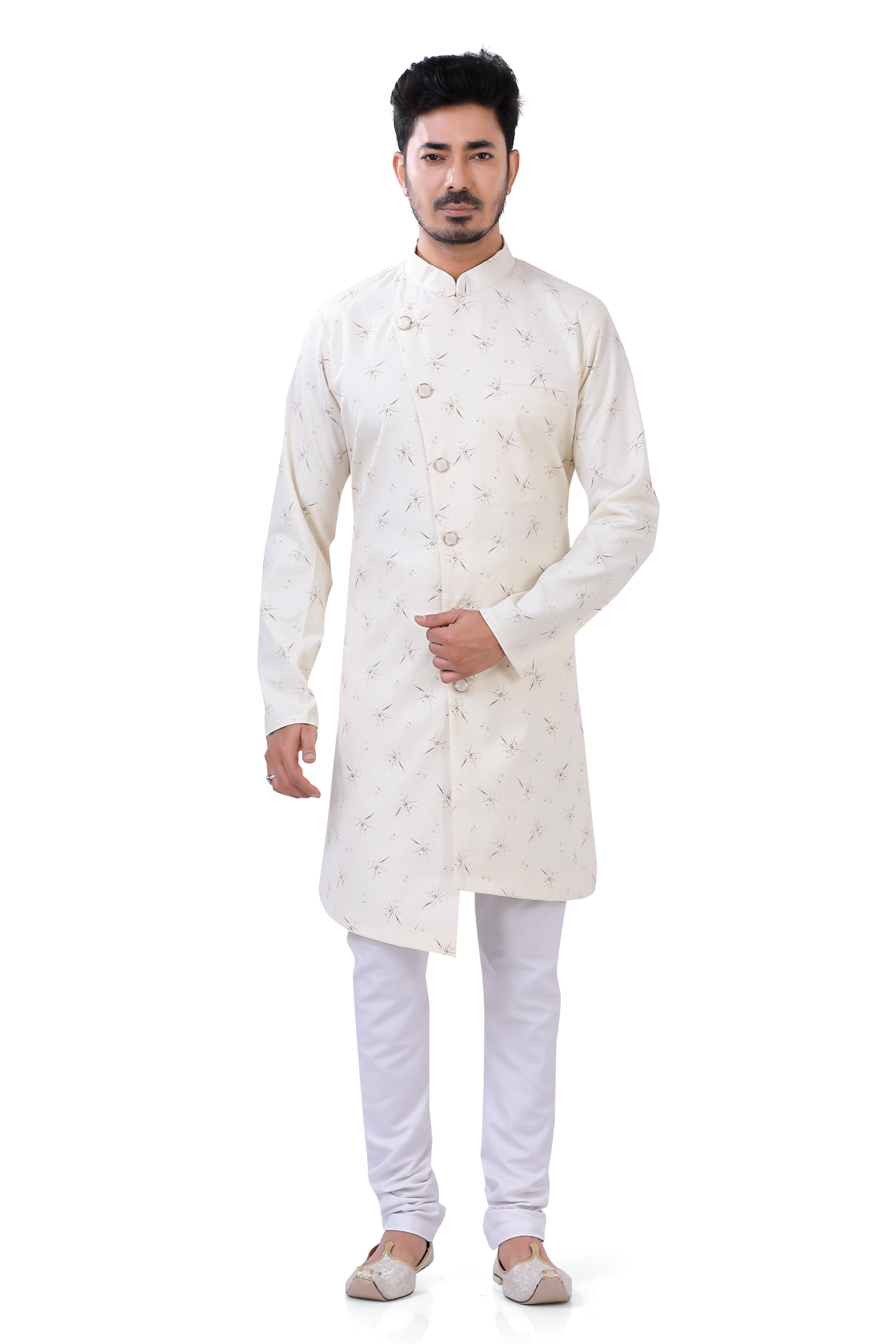 Men's Cotton Printed Cream Color Indo Western