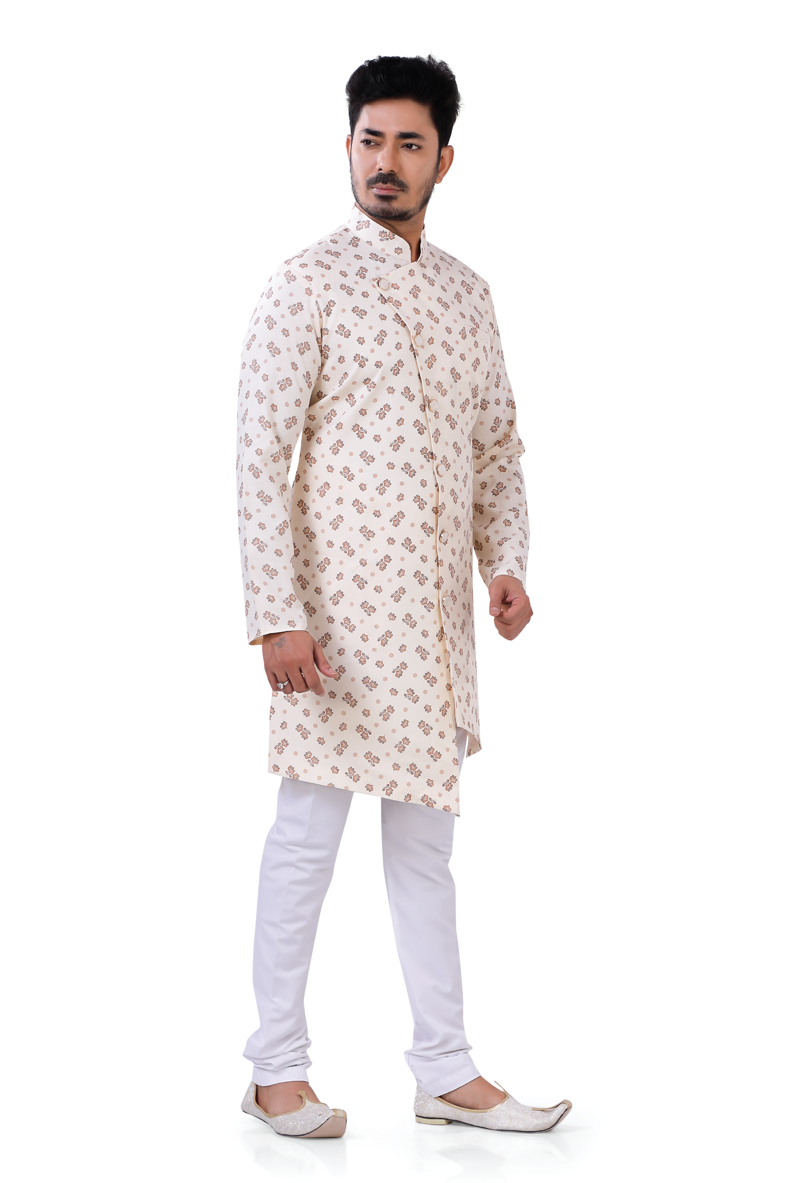 Men's Cotton Printed Cream Color Indo Western