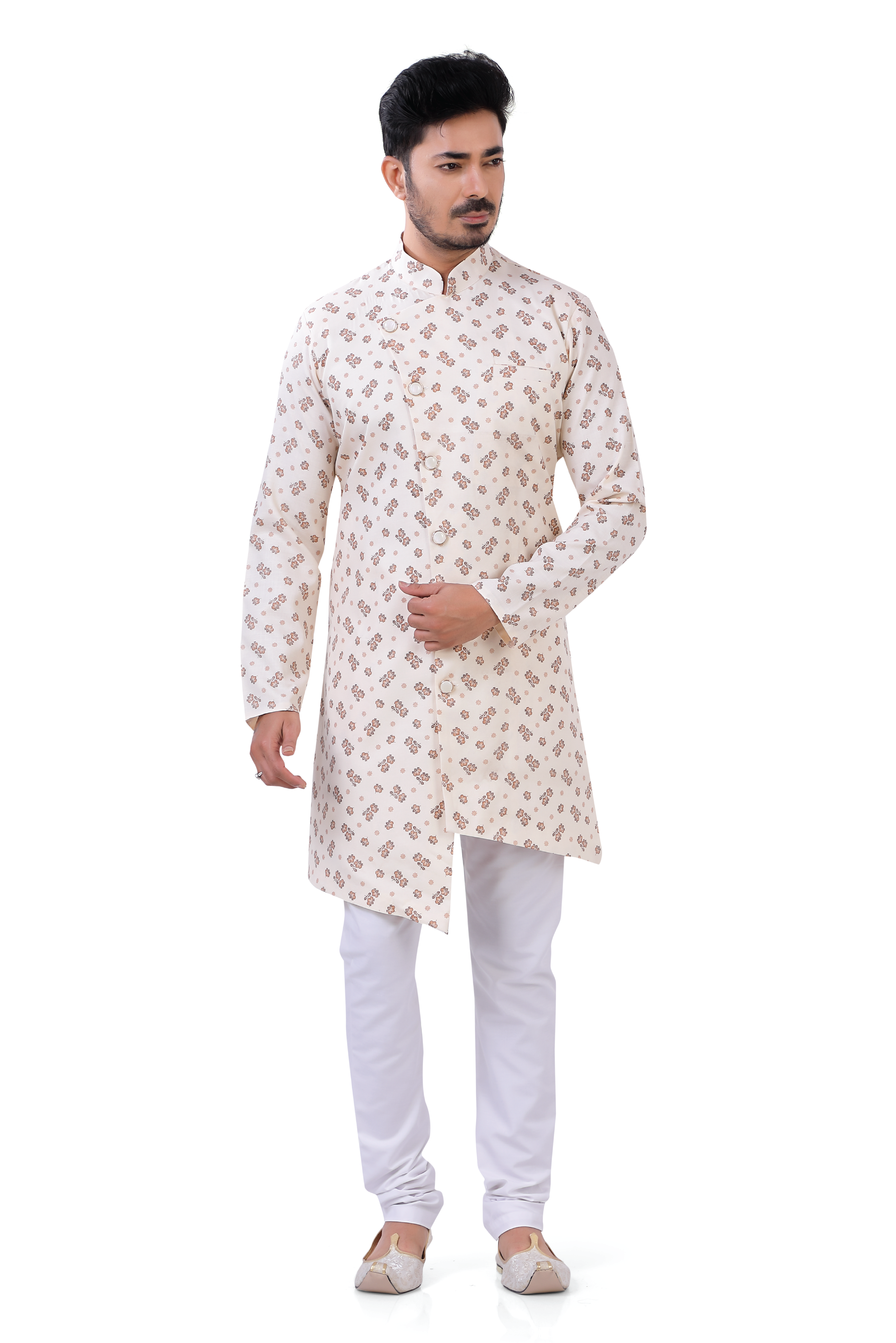 Men's Cotton Printed Cream Color Indo Western