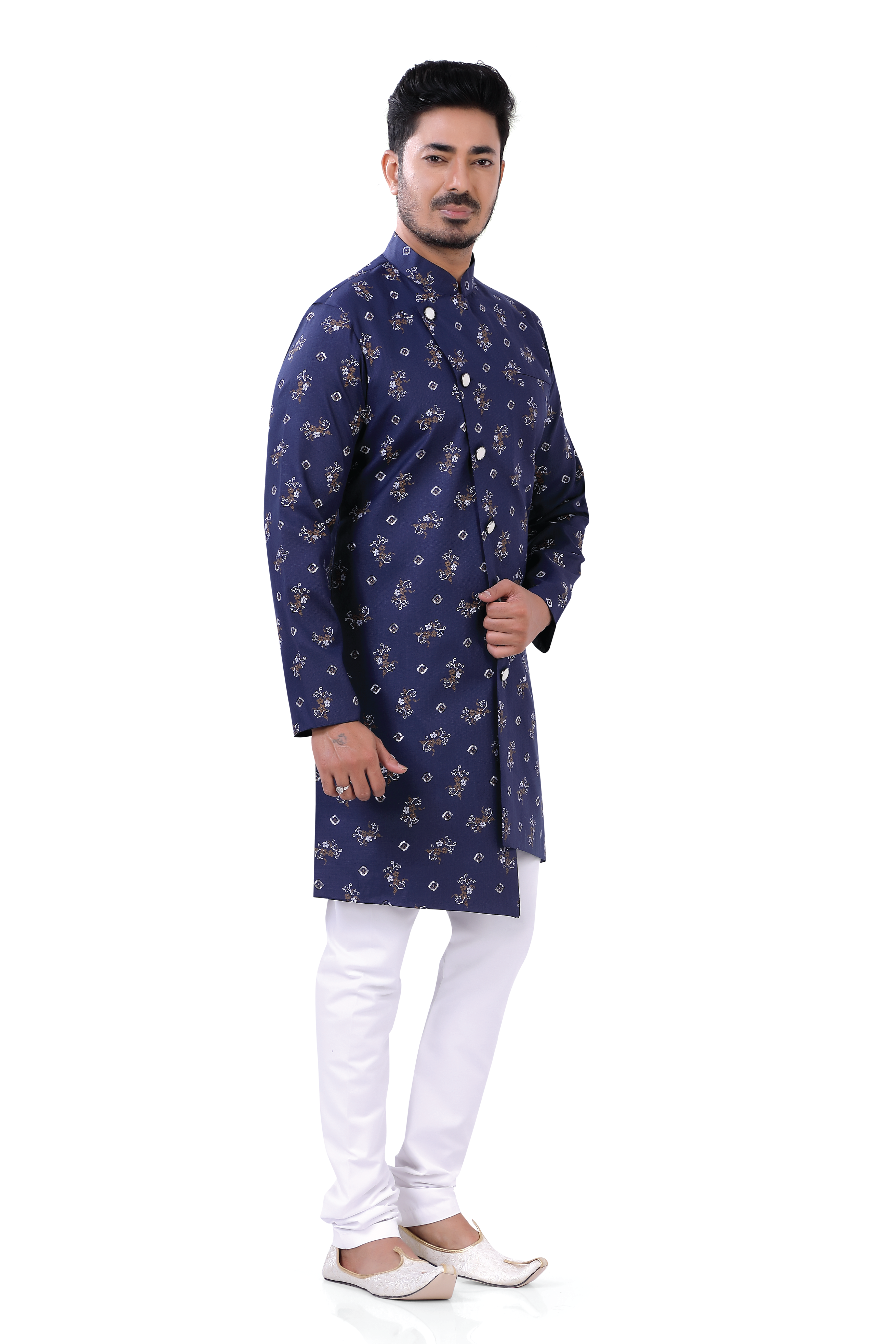 Men's Cotton Printed Navy Blue Color Indo Western