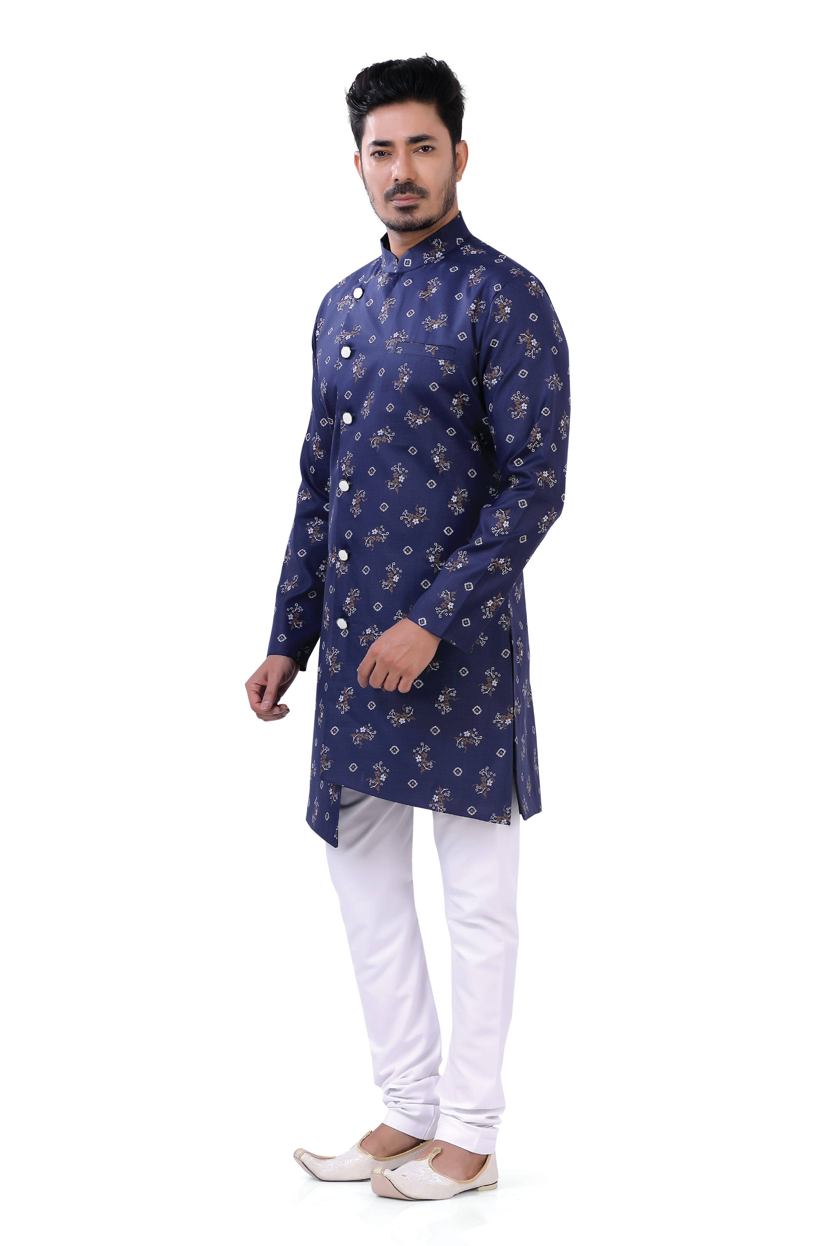 Men's Cotton Printed Navy Blue Color Indo Western