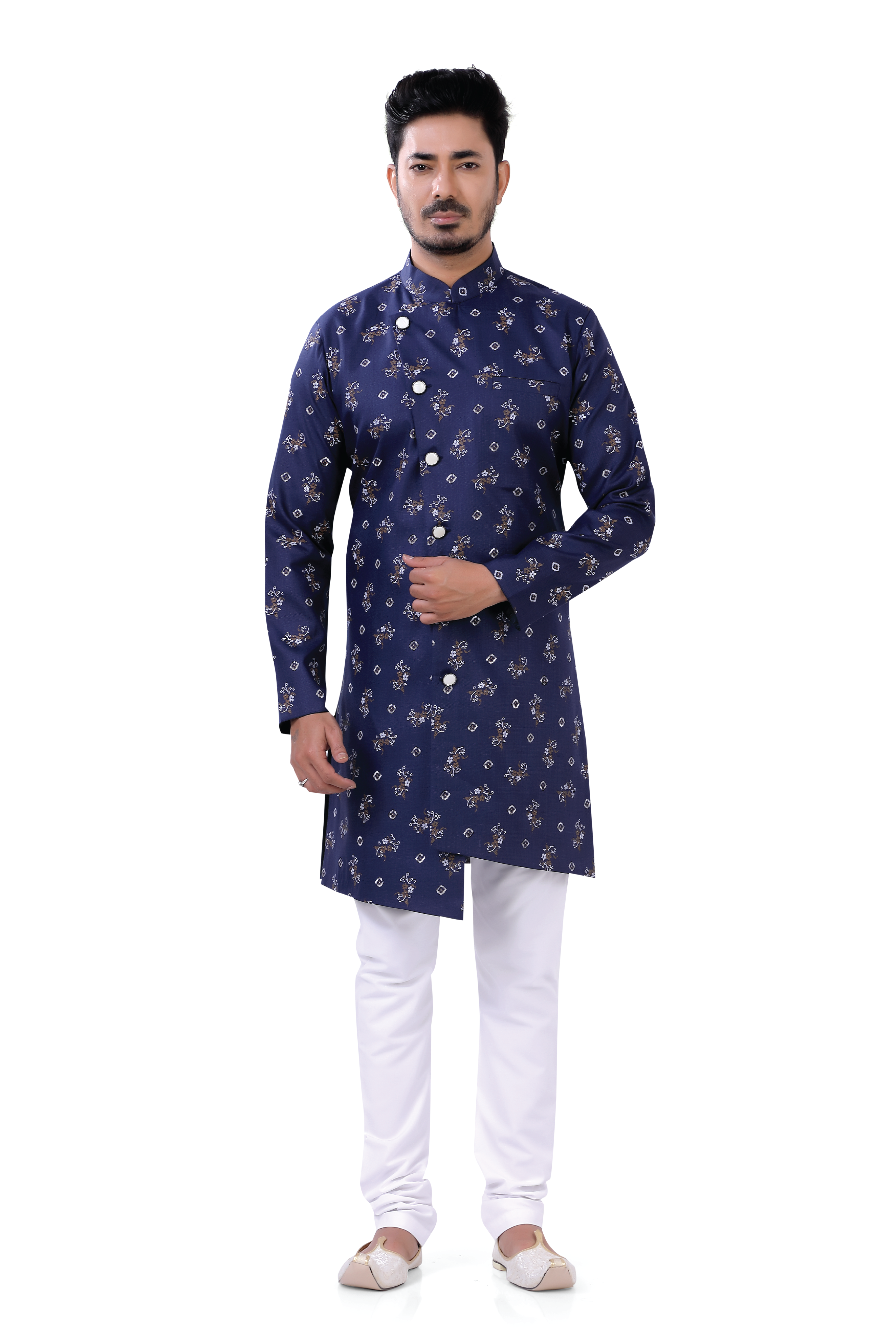 Men's Cotton Printed Navy Blue Color Indo Western