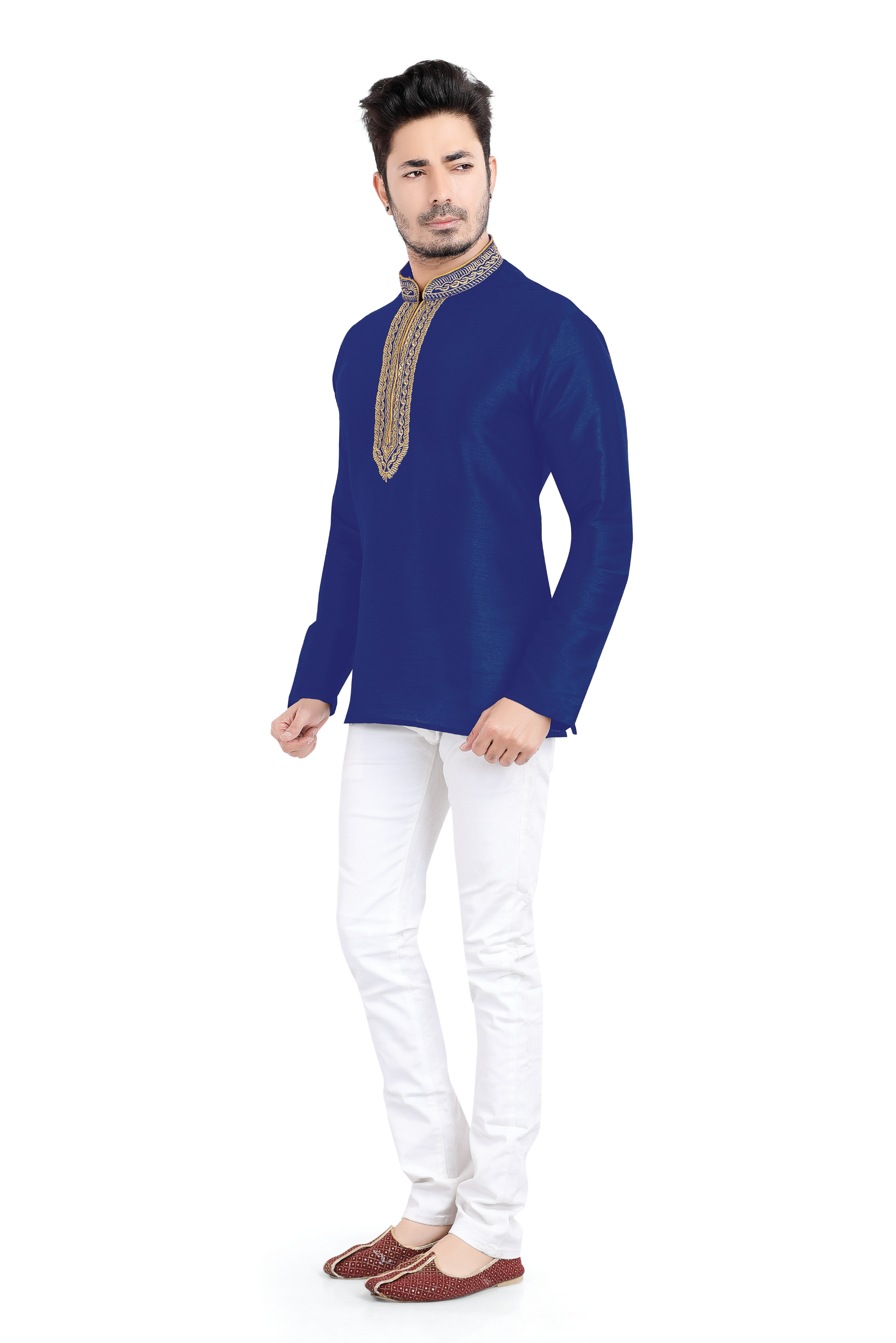 Banarasi Dupion Silk Short Kurta with embroidery in Royal Blue color