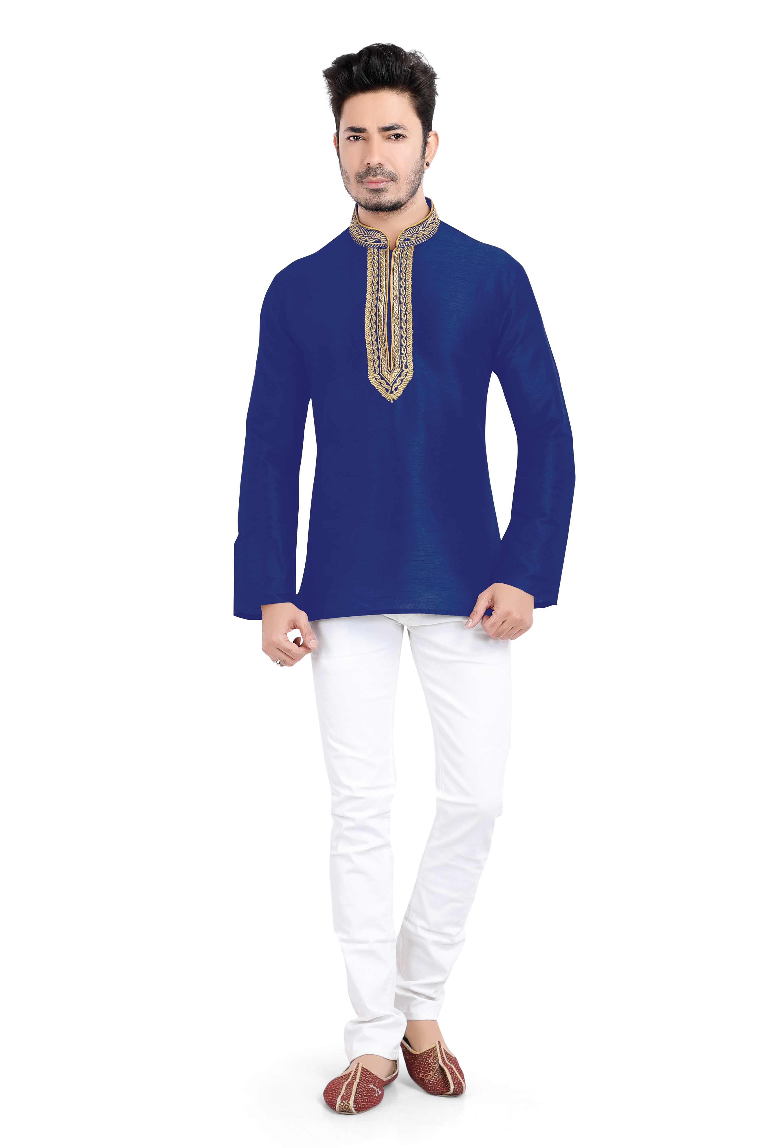 Banarasi Dupion Silk Short Kurta with embroidery in Royal Blue color
