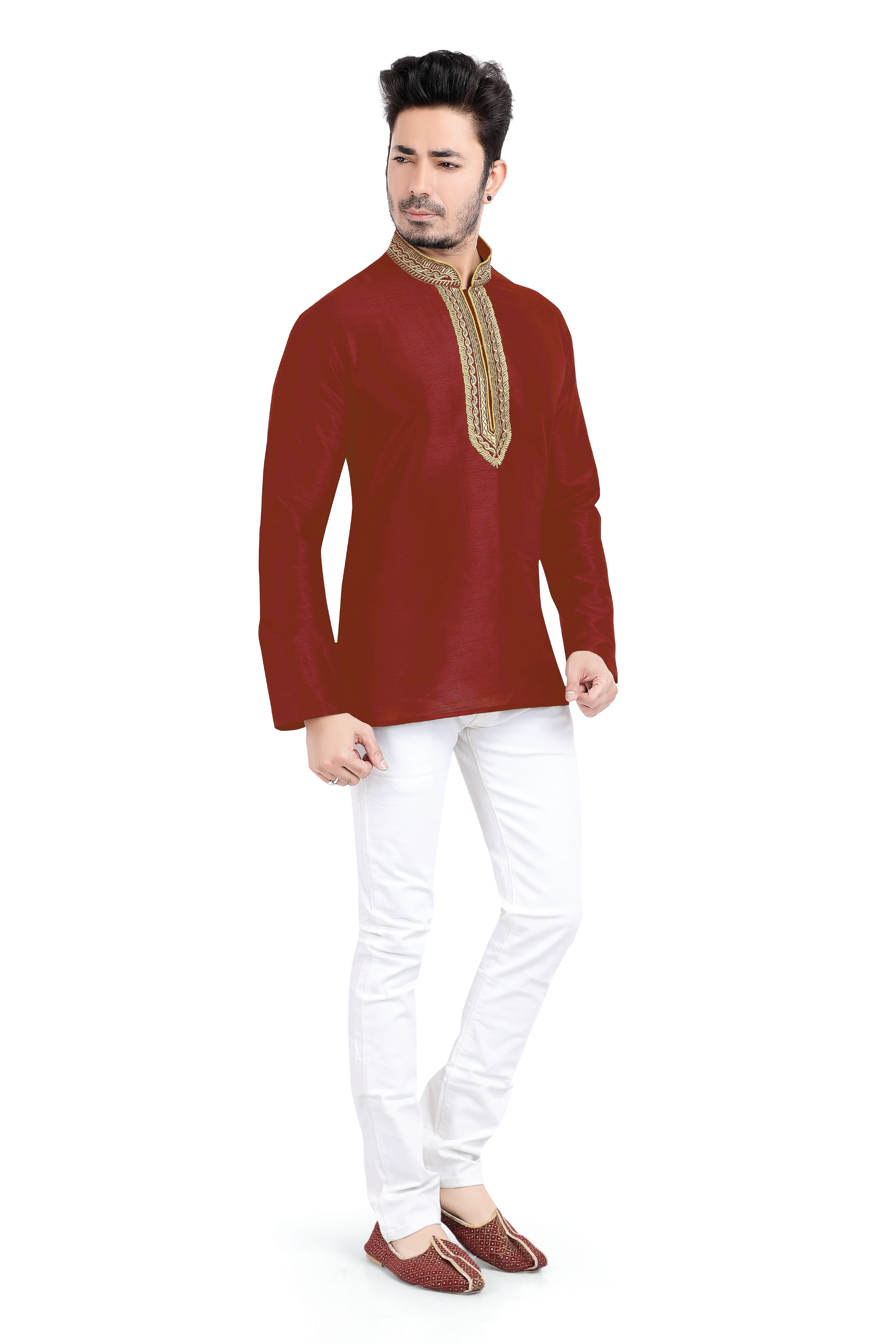 Banarasi Dupion Silk Short Kurta with embroidery in Maroon Color