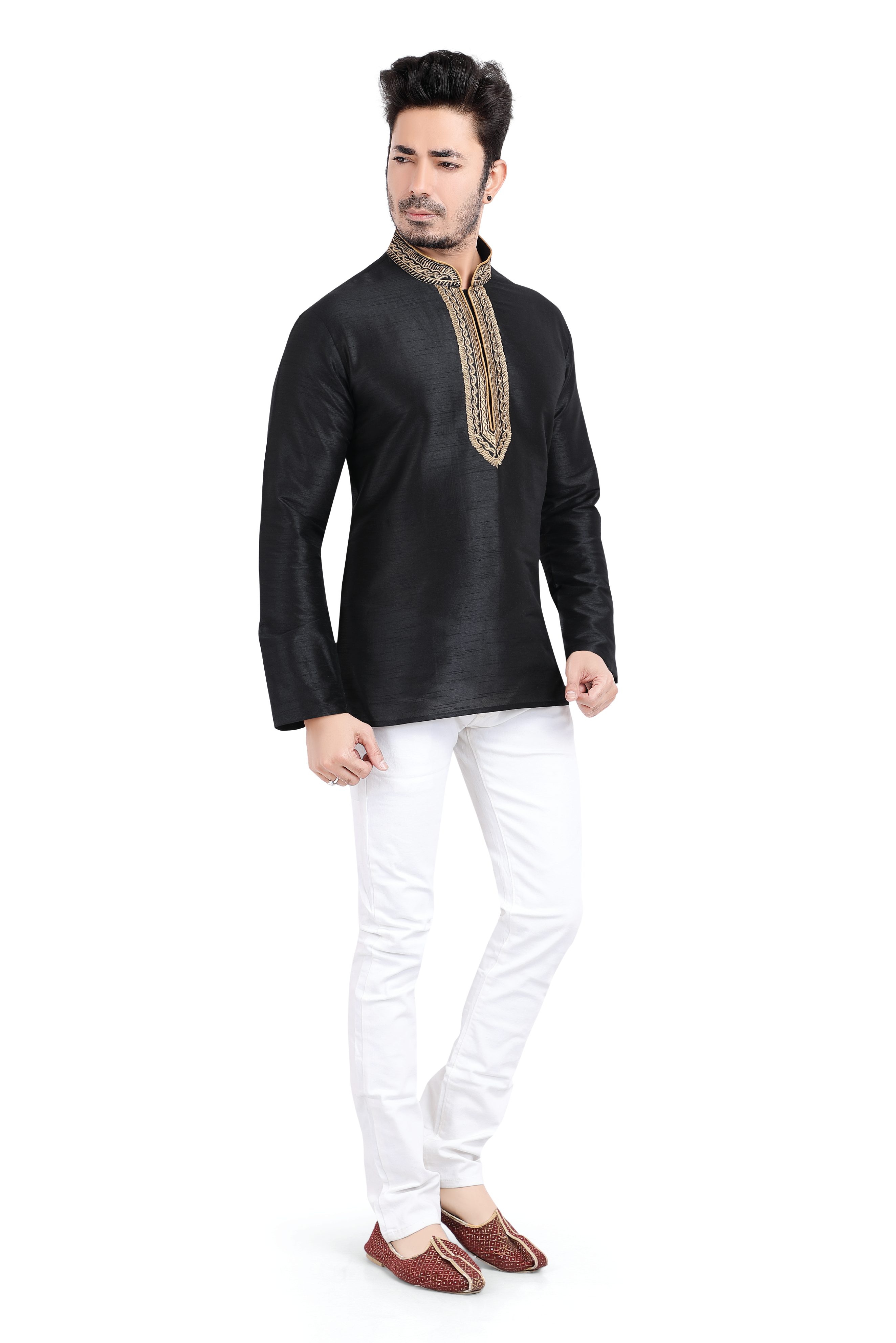 Banarasi Silk Short Kurta in Black