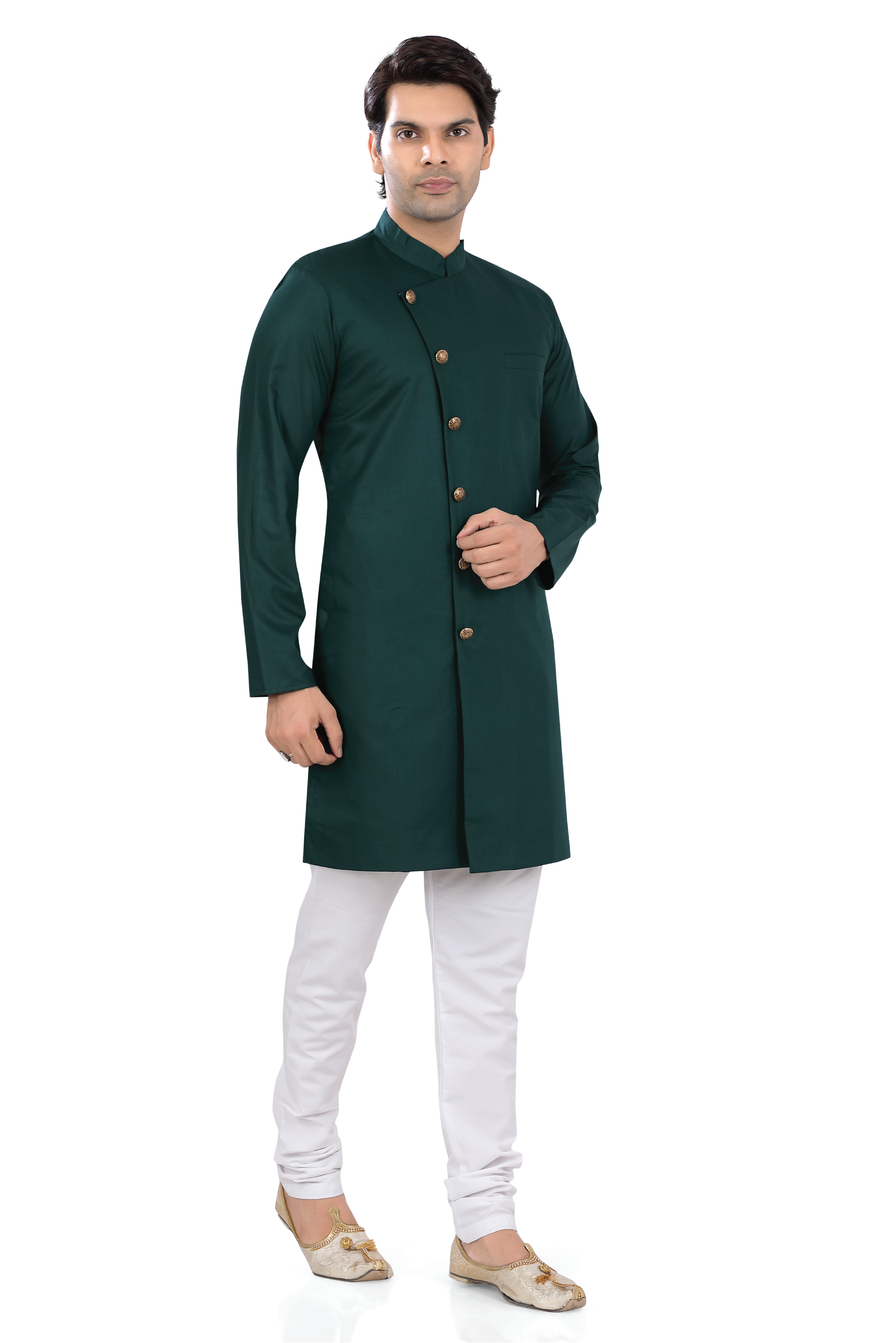 Men's Soft Cotton Indo-Western in Bottle Green Color