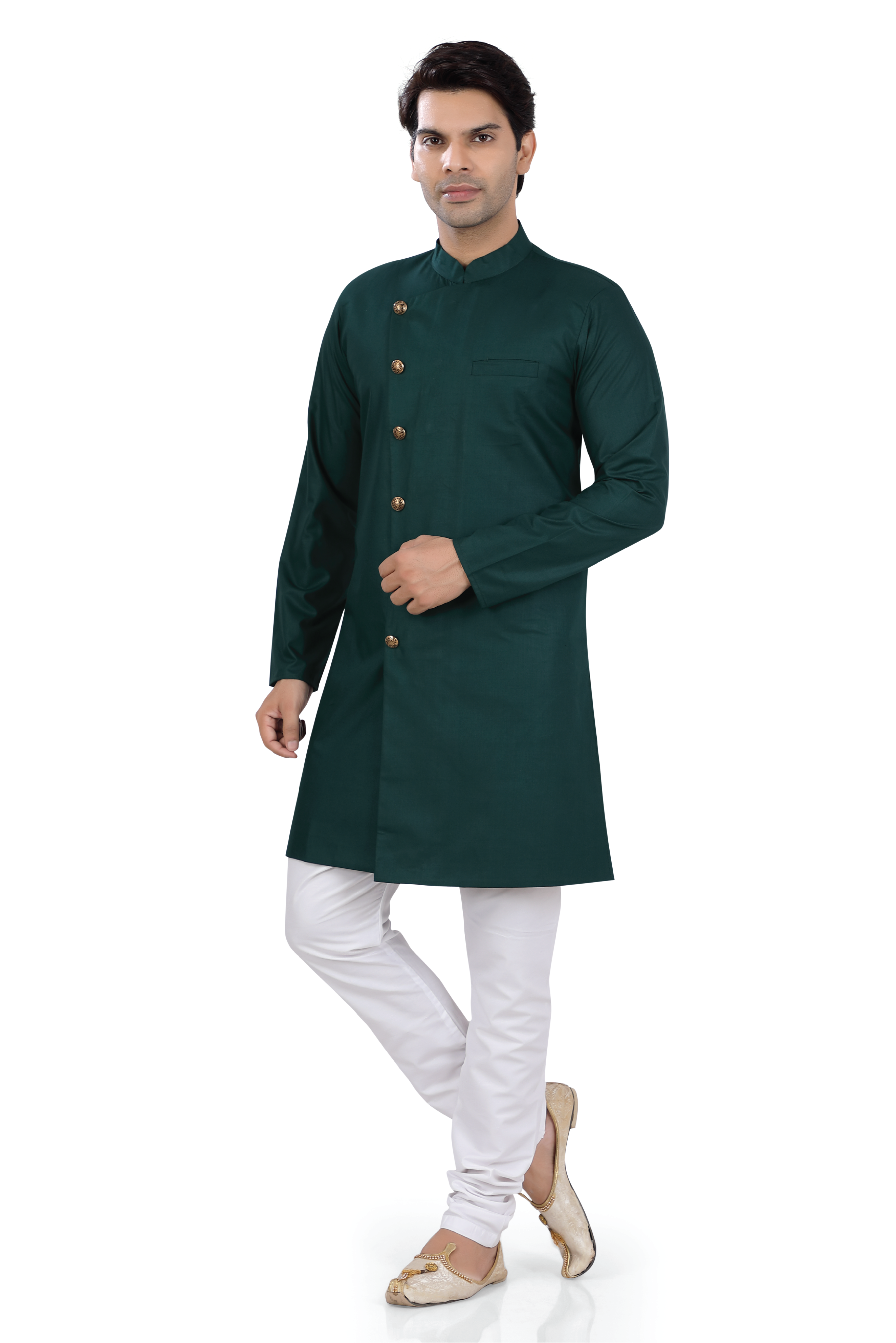 Men's Soft Cotton Indo-Western in Bottle Green Color