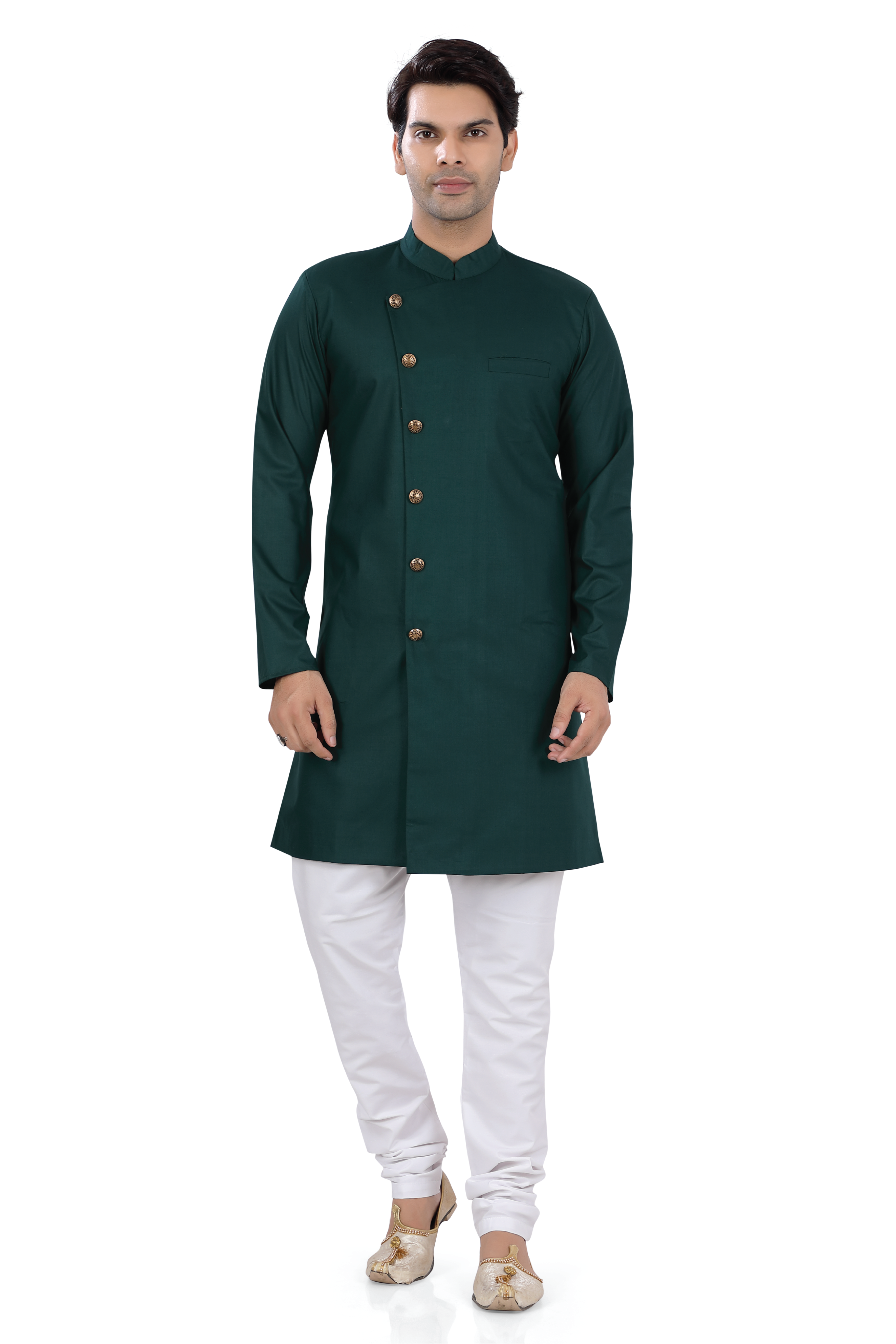 Men's Soft Cotton Indo-Western in Bottle Green Color