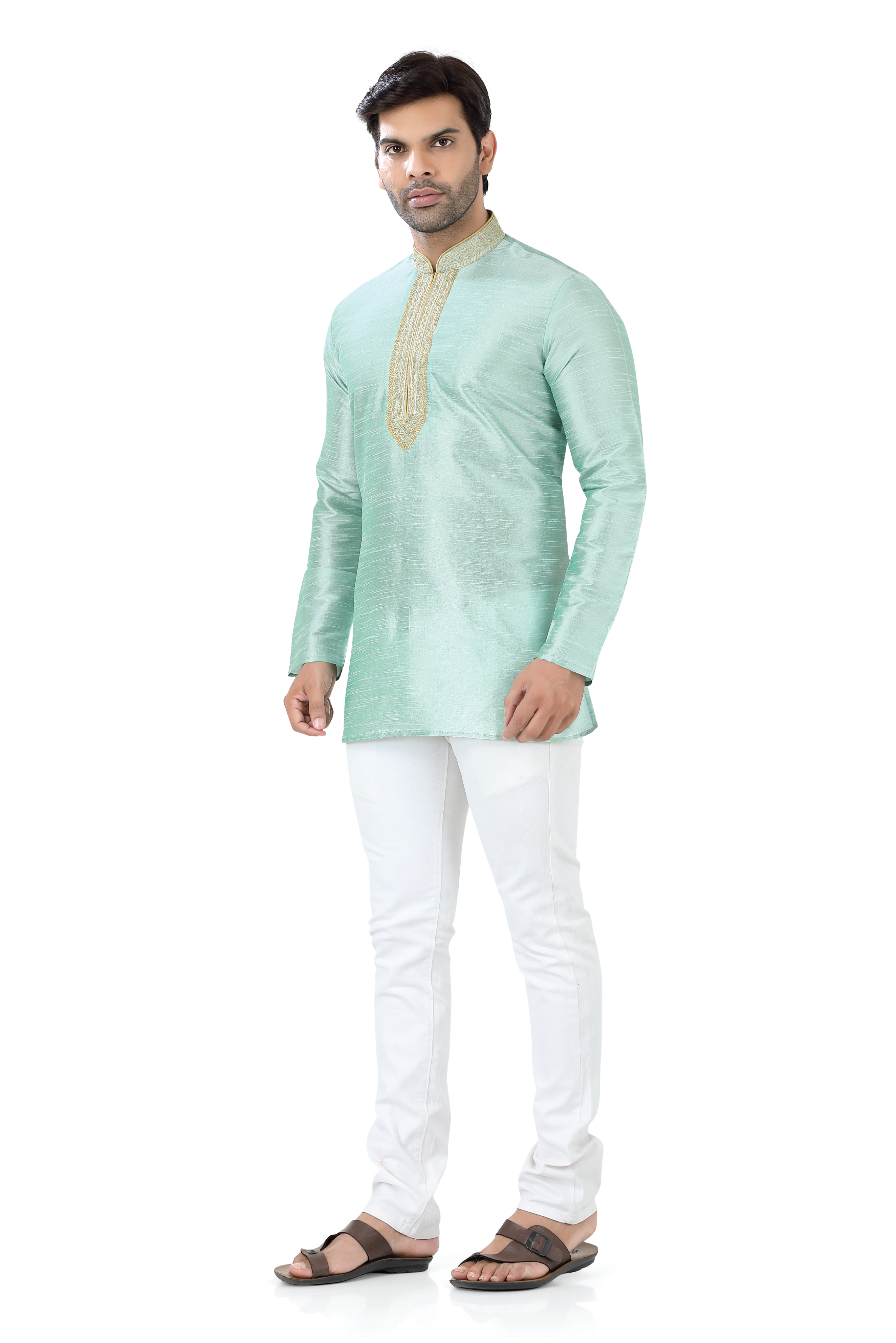 Banarasi Dupion Silk Short Kurta with Embroidery in Sage Color - Premium kurta pajama from Dapper Ethnic - Just $49! Shop now at Dulhan Exclusives