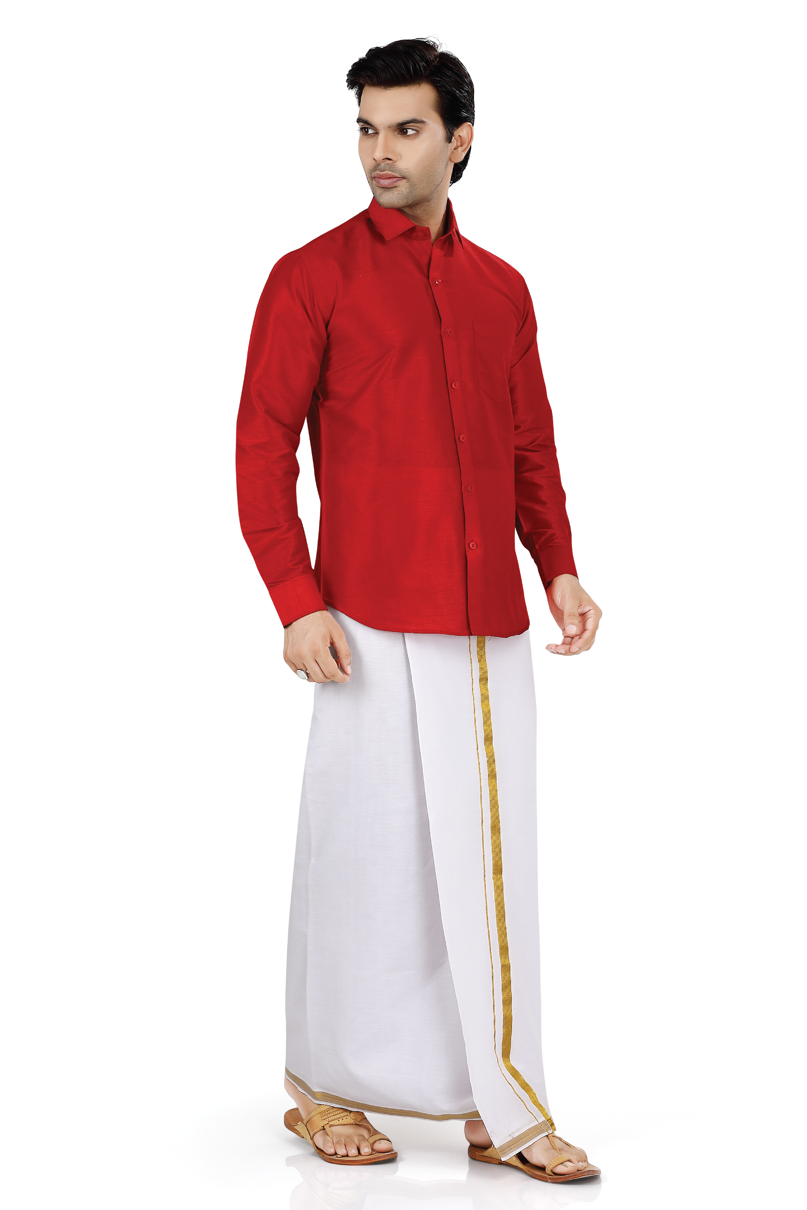 Dupion Silk Shirt in Red Full sleeves with Cotton Dhoti