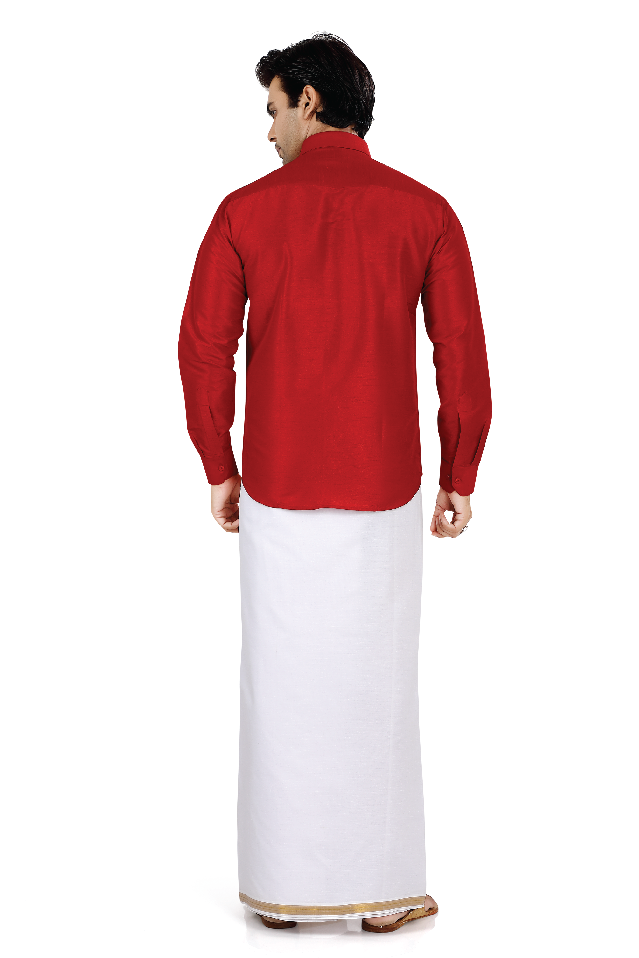 Dupion Silk Shirt in Red Full sleeves with Cotton Dhoti