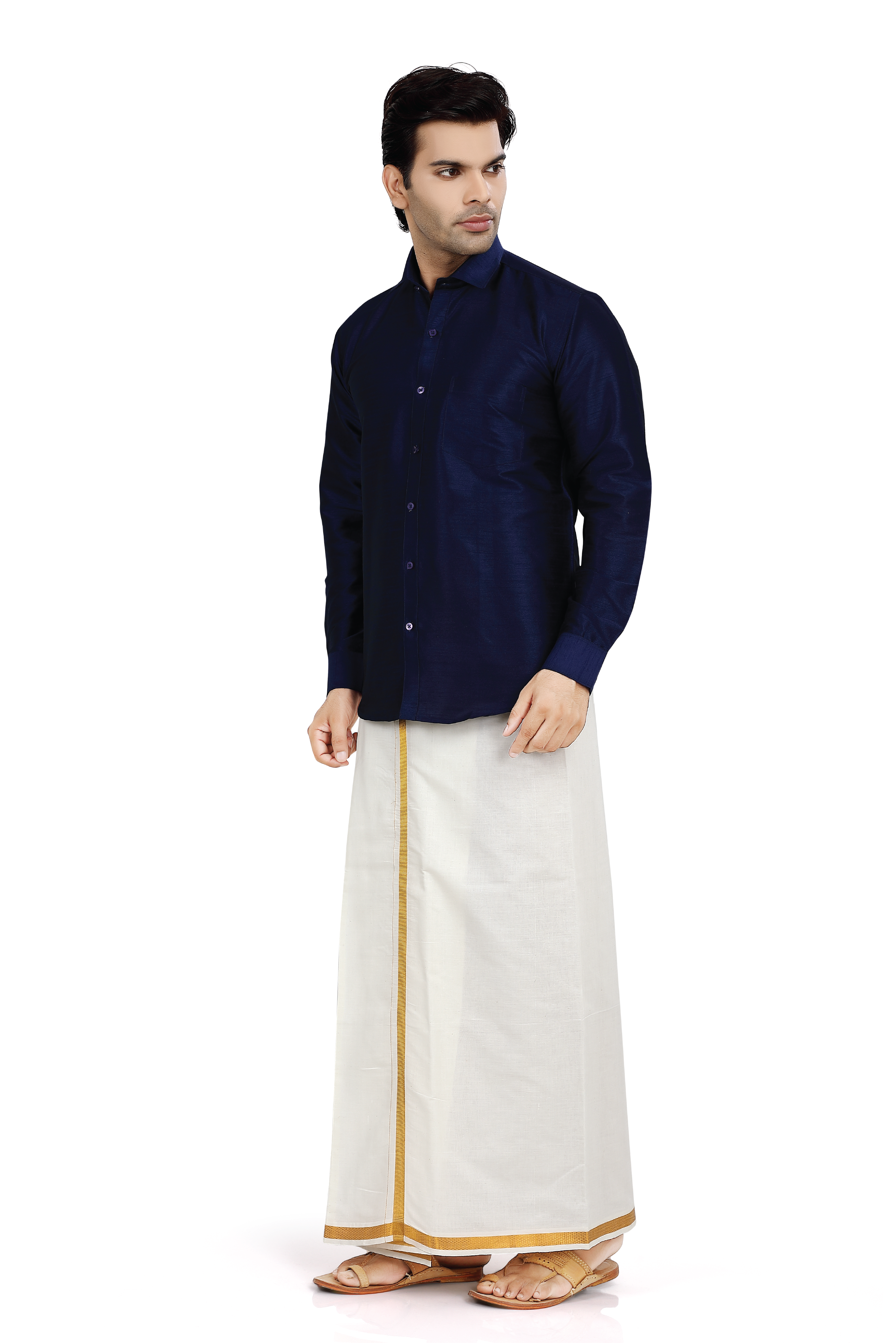Dupion Silk Shirt in Navy Blue Full sleeves with Dhoti