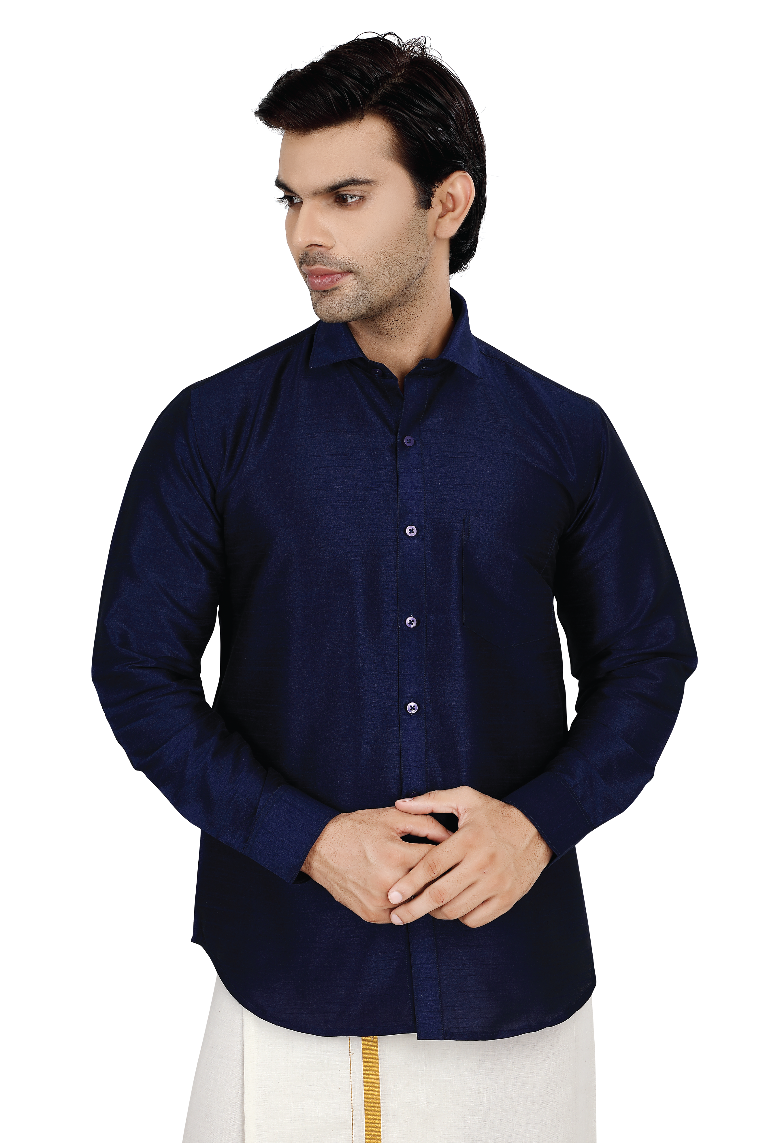 Dupion Silk Shirt in Navy Blue Full sleeves with Dhoti