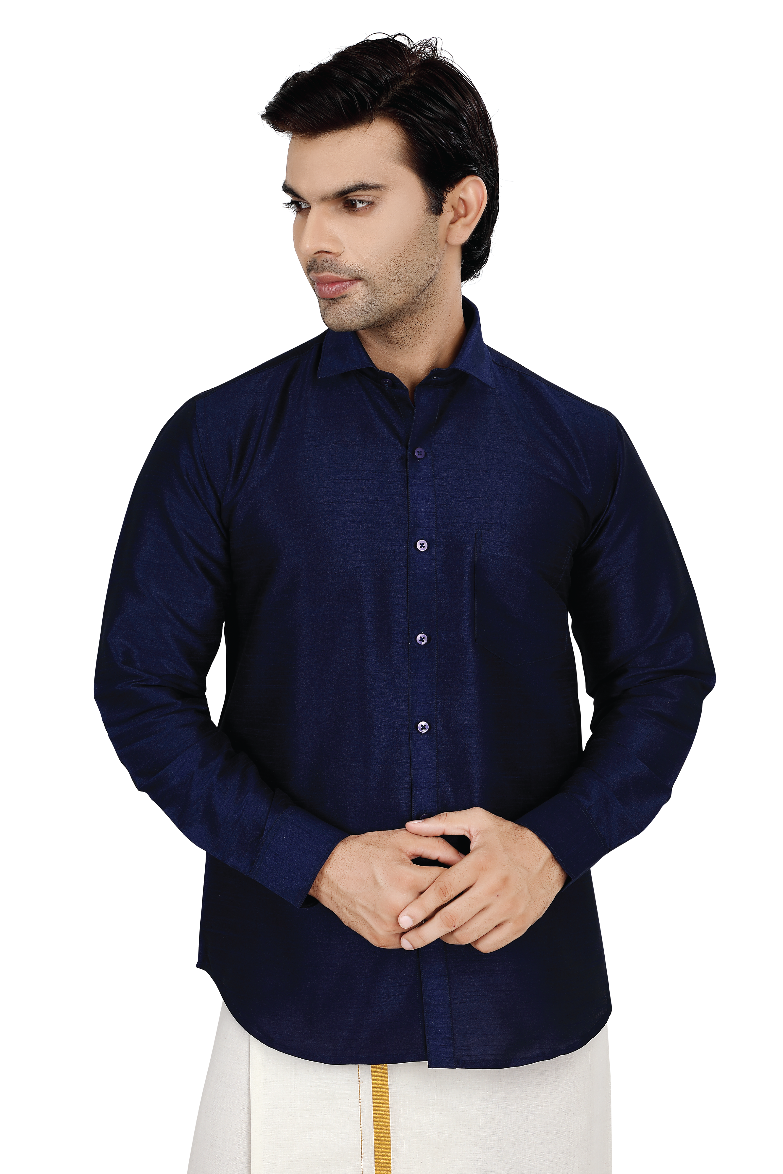 Introducing Dupion Silk Shirt in Navy Blue Full sleeves with Dhoti