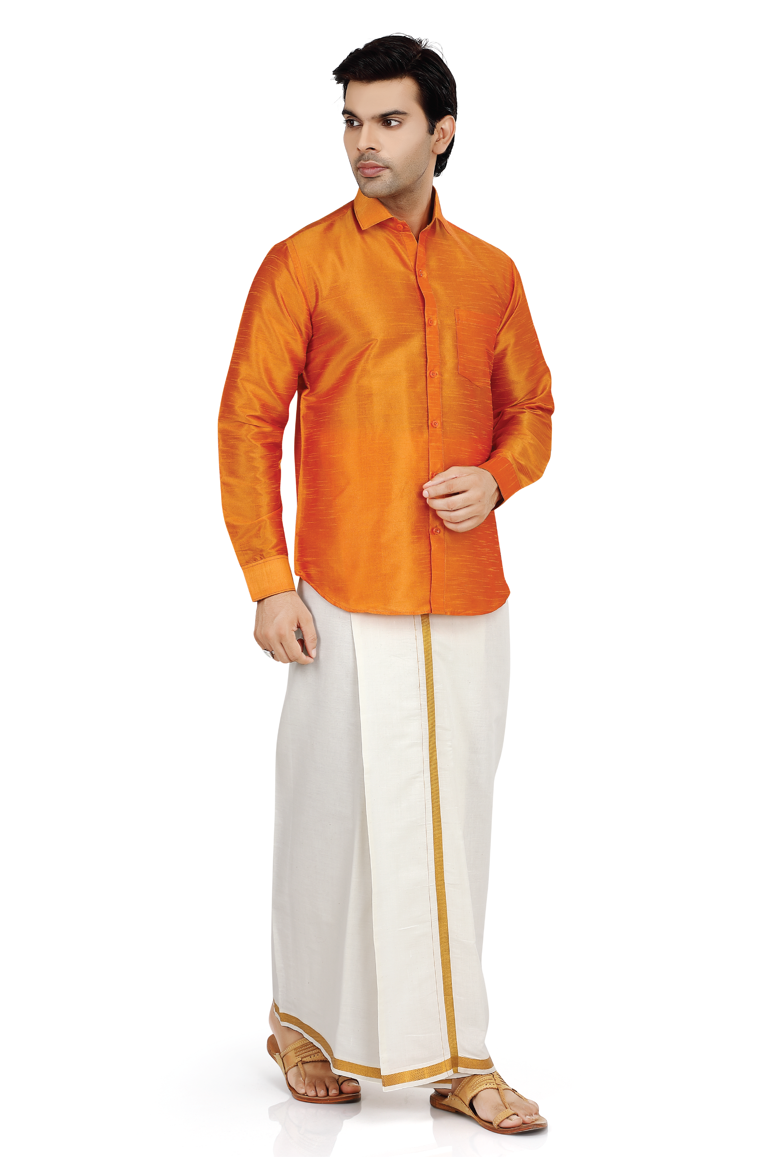 Dupion Silk Shirt in Orange Full sleeves with Dhoti - Premium Dhoti Kurta from Dapper Ethnic - Just $95! Shop now at Dulhan Exclusives