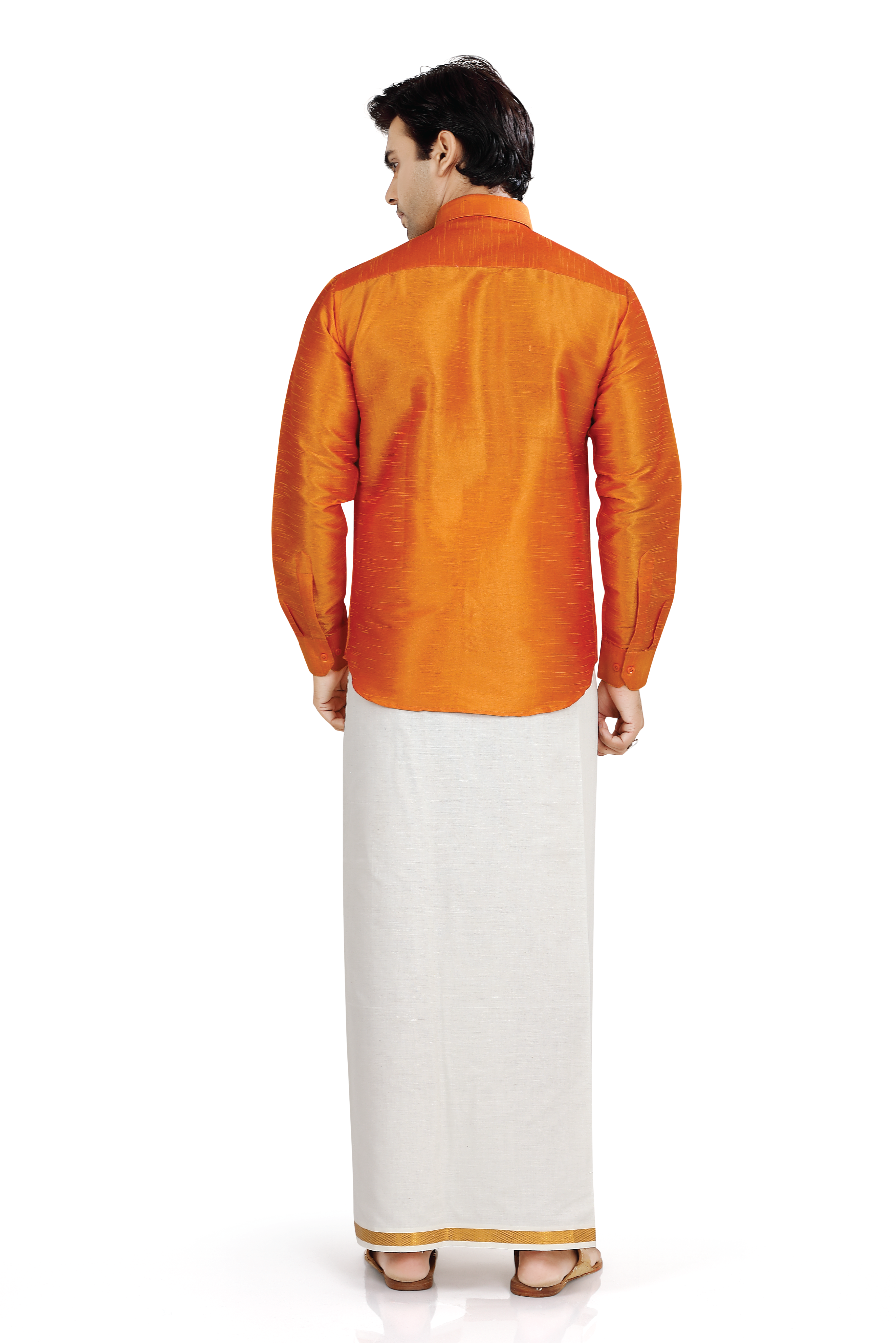 Dupion Silk Shirt in Orange Full sleeves with Dhoti