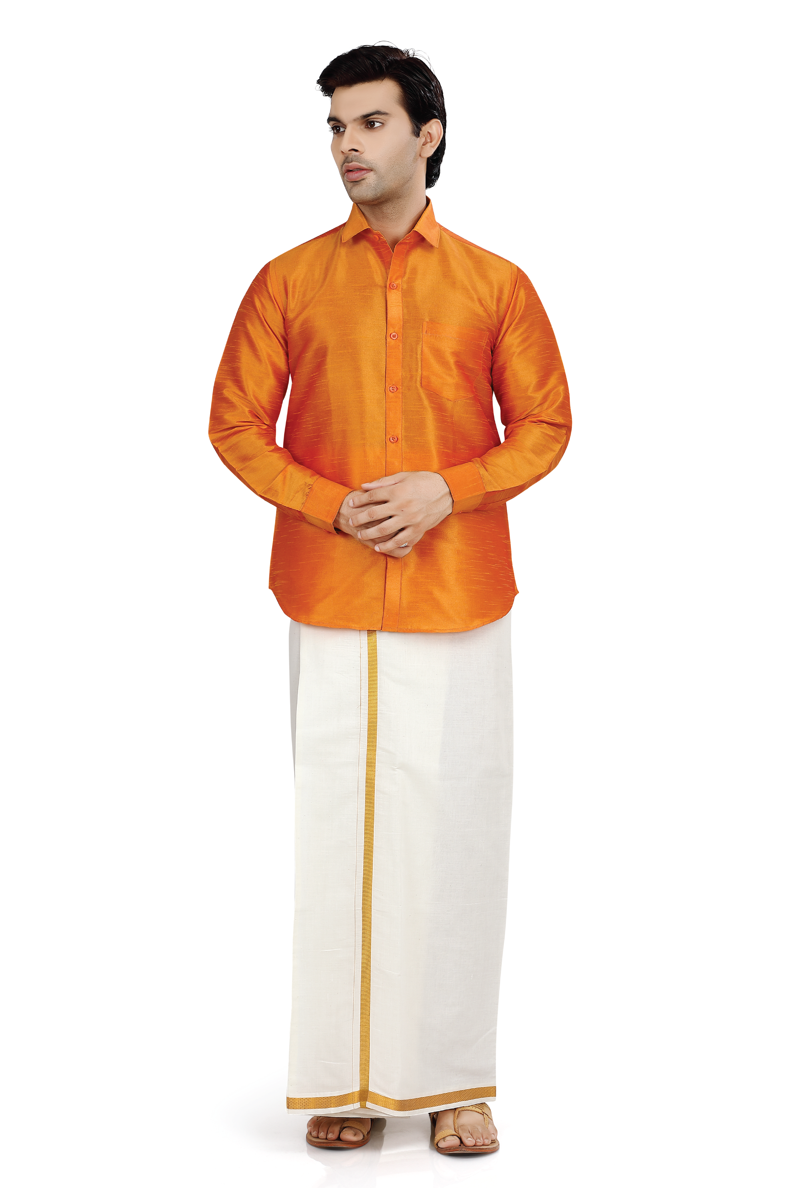 Dupion Silk Shirt in Orange Full sleeves with Dhoti