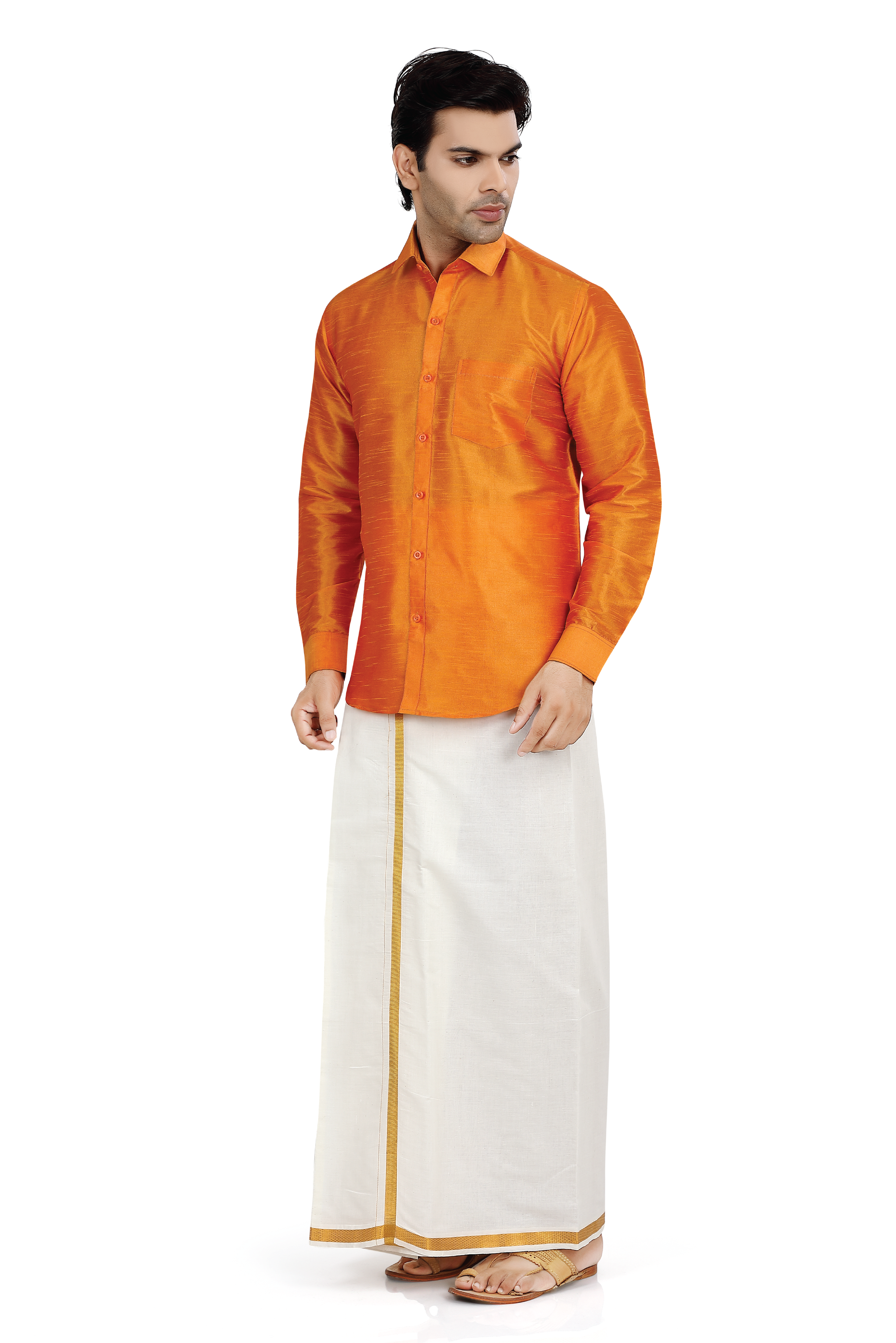 Dupion Silk Shirt in Orange Full sleeves with Dhoti