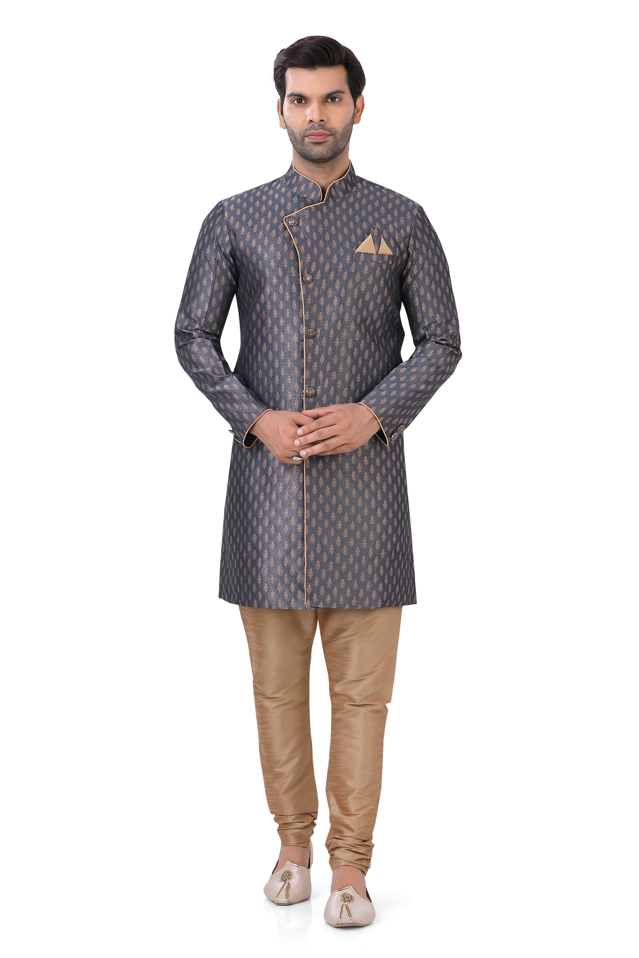 Banarasi Brocade Silk Indo western in Grey - Premium 2 Pieces Indo western from Dapper Ethnic - Just $179! Shop now at Dulhan Exclusives