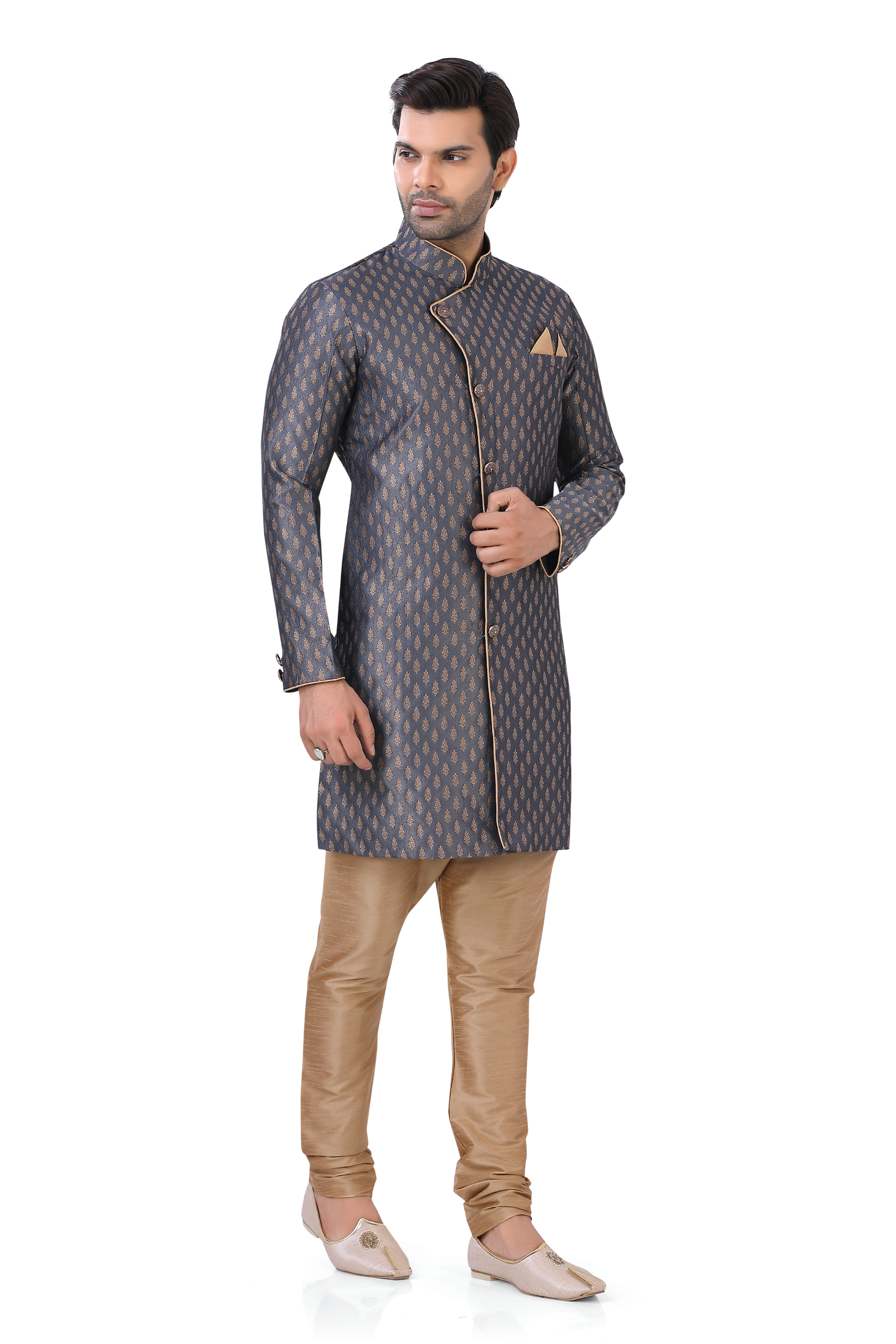 Banarasi Brocade Silk Semi Sherwani in Grey